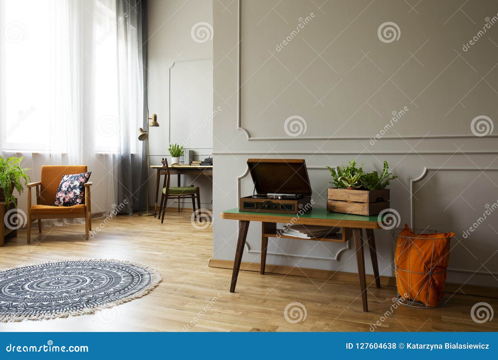 Record Player And Plant On Table In Vintage Living Room Interior