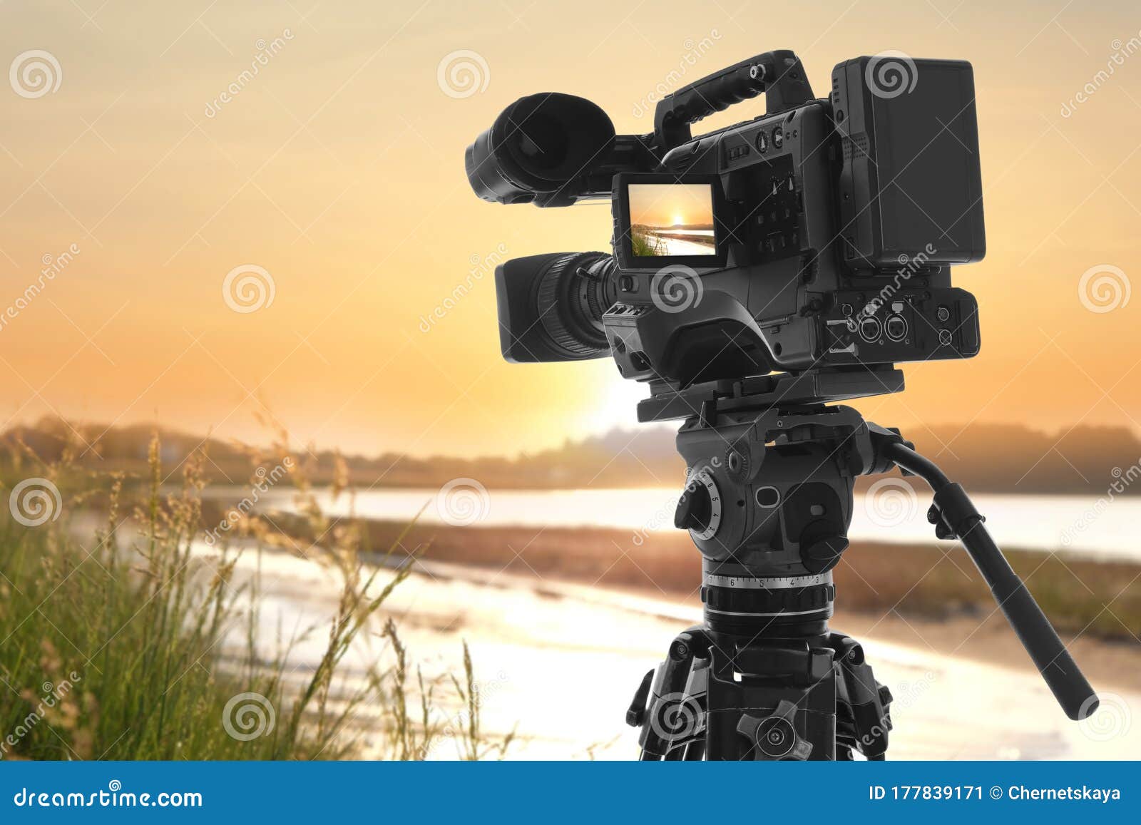 Recording Beautiful View of Landscape on Video Camera Stock Image