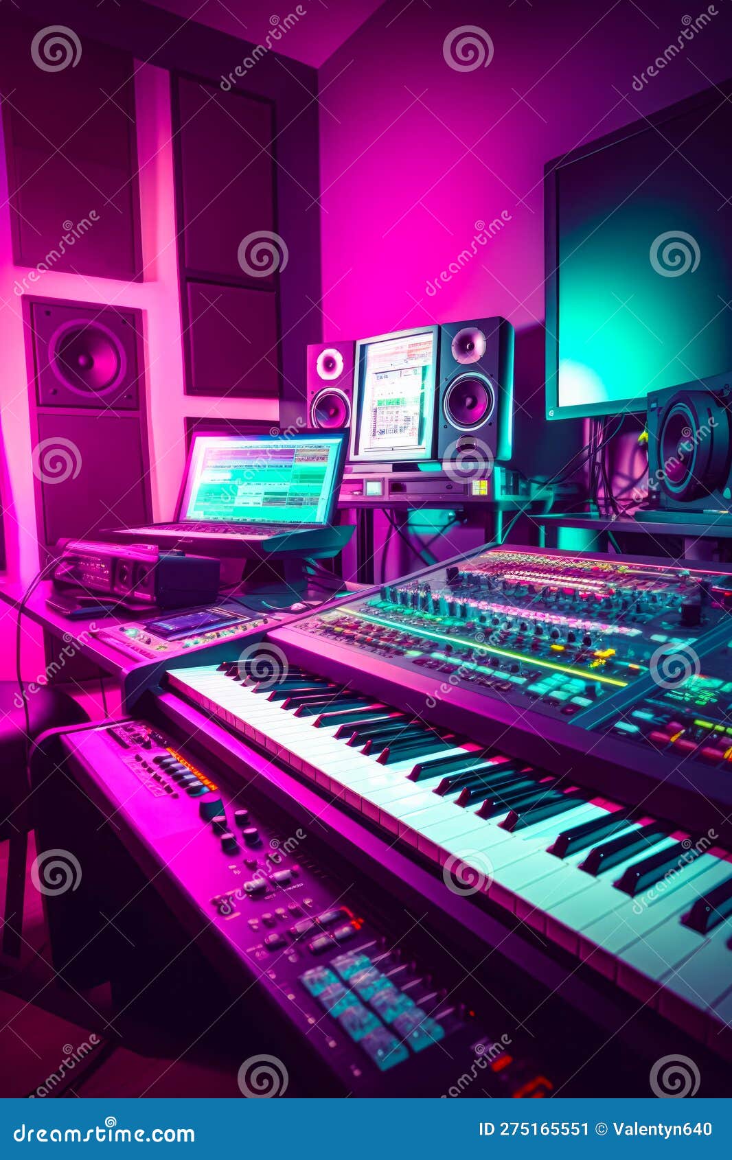 Recording Studio with Keyboard, Monitors, Monitors, and Laptops