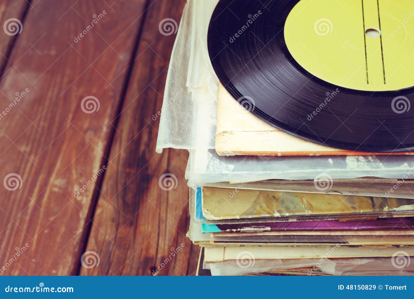 records stack and old record. vintage filtered