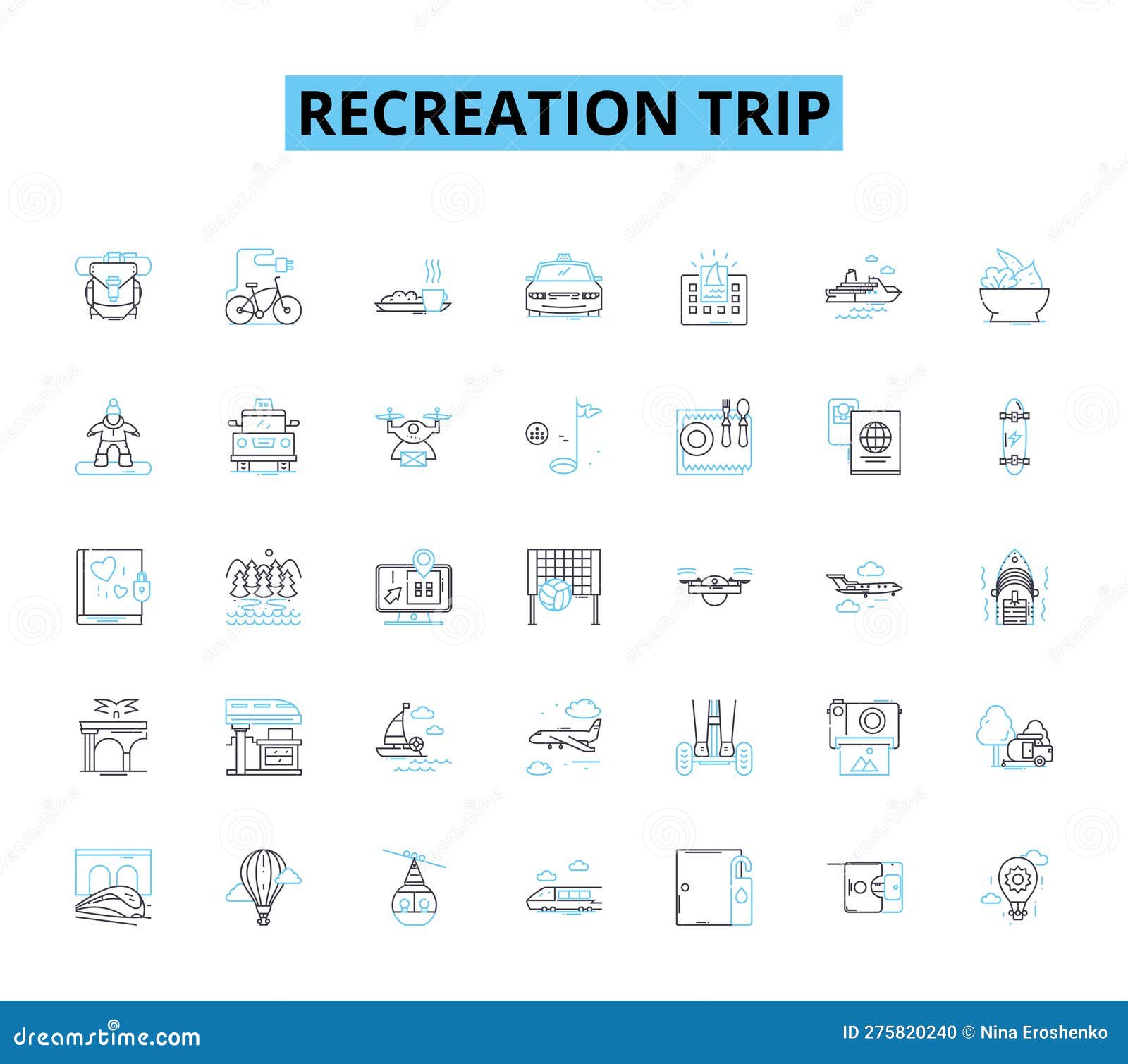 recreation trip linear icons set. adventure, scenic, relaxing, exciting, thrilling, fun, refreshing line  and
