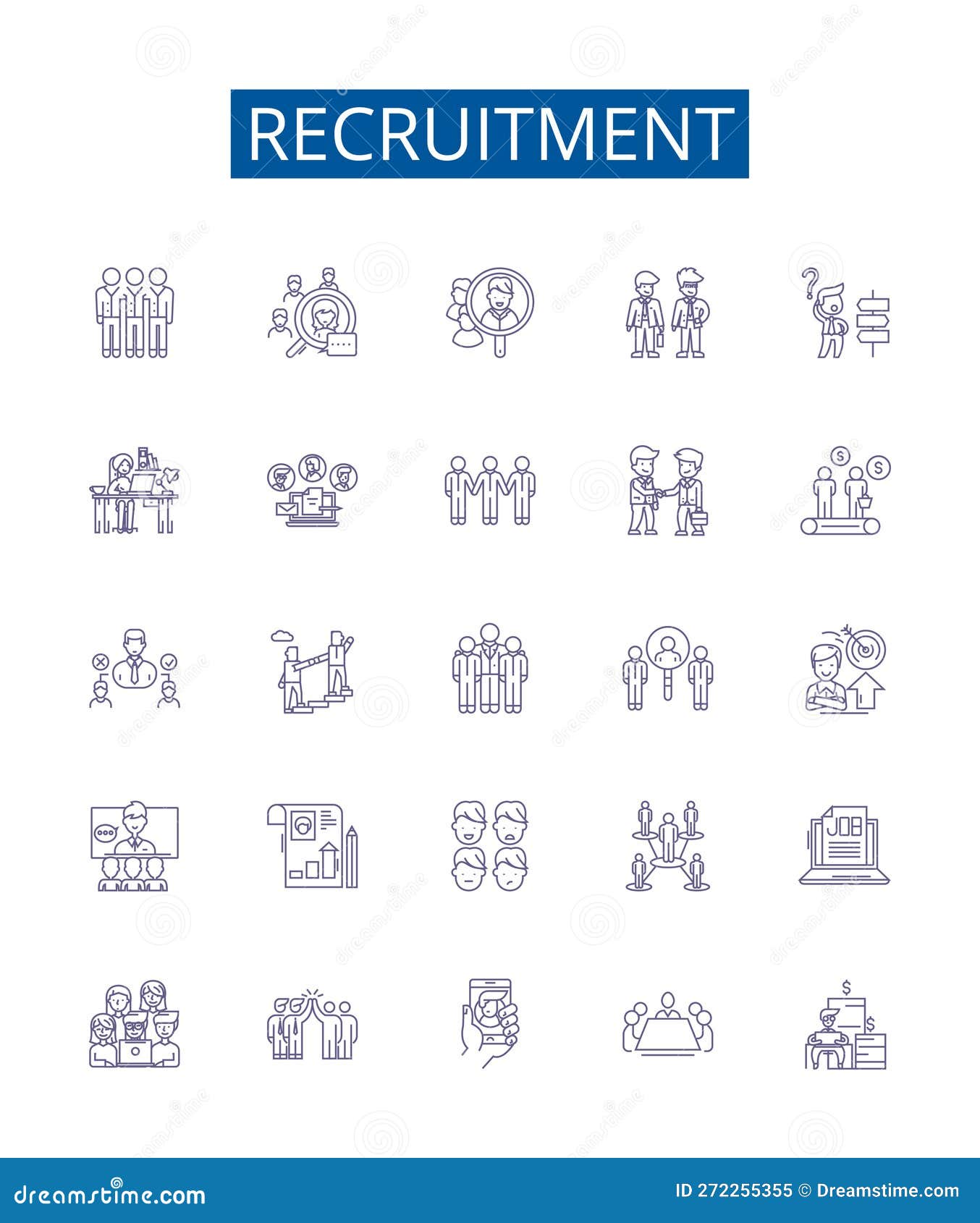 recruitment line icons signs set.  collection of hiring, appoint, source, staffing, engage, induct, enlist