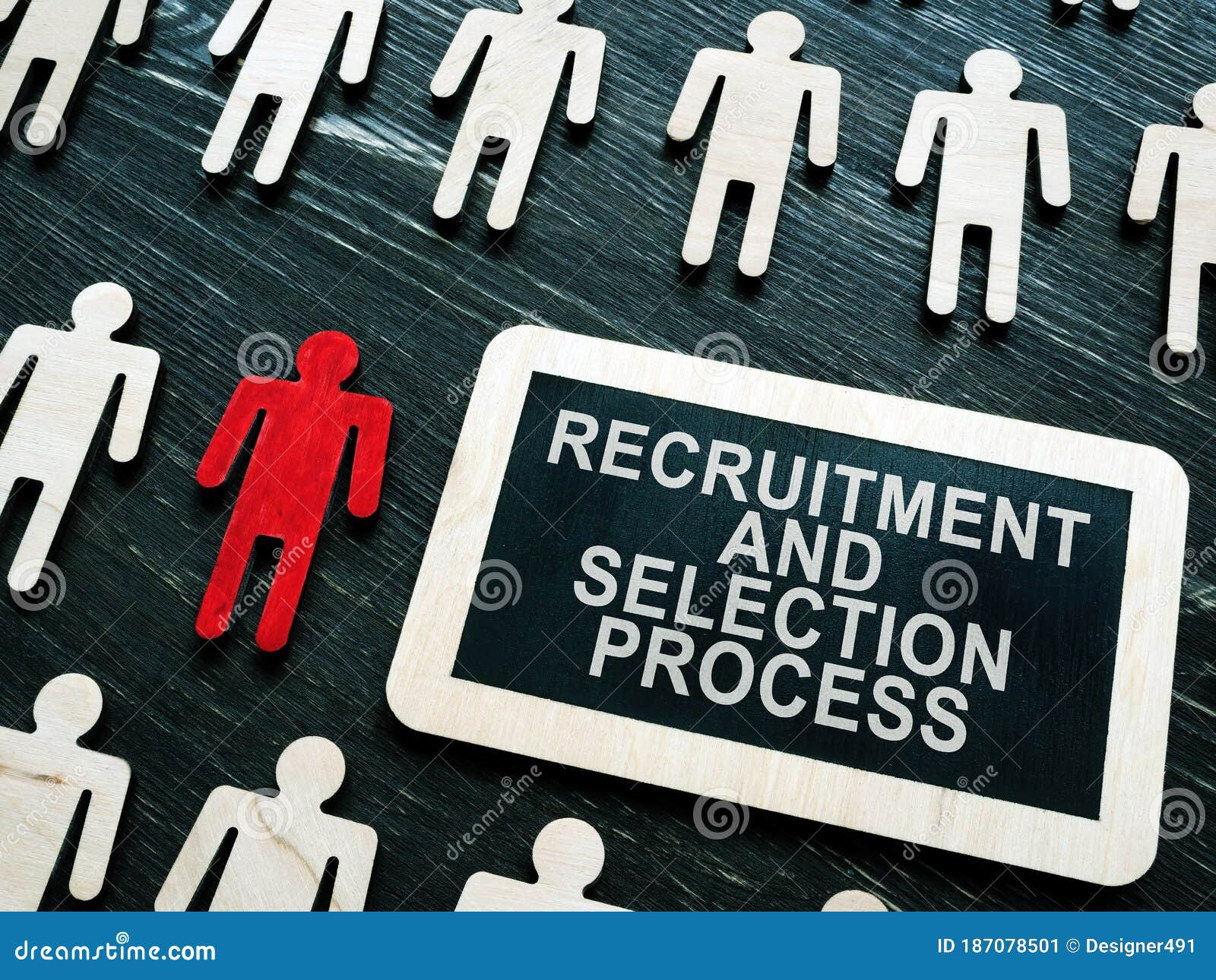 recruitment and selection process phrase and small figures and red one.