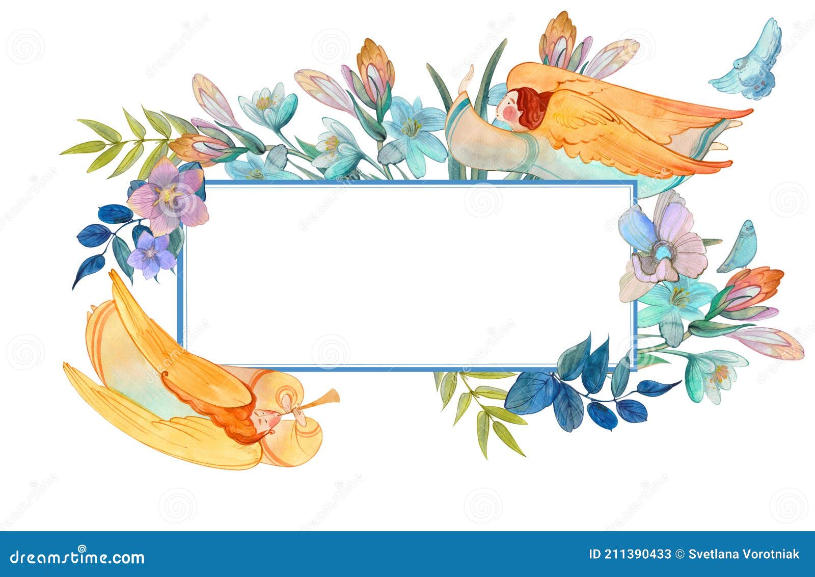 rectangular asymmetric frame with angels and flowers. hand drawn watercolor.