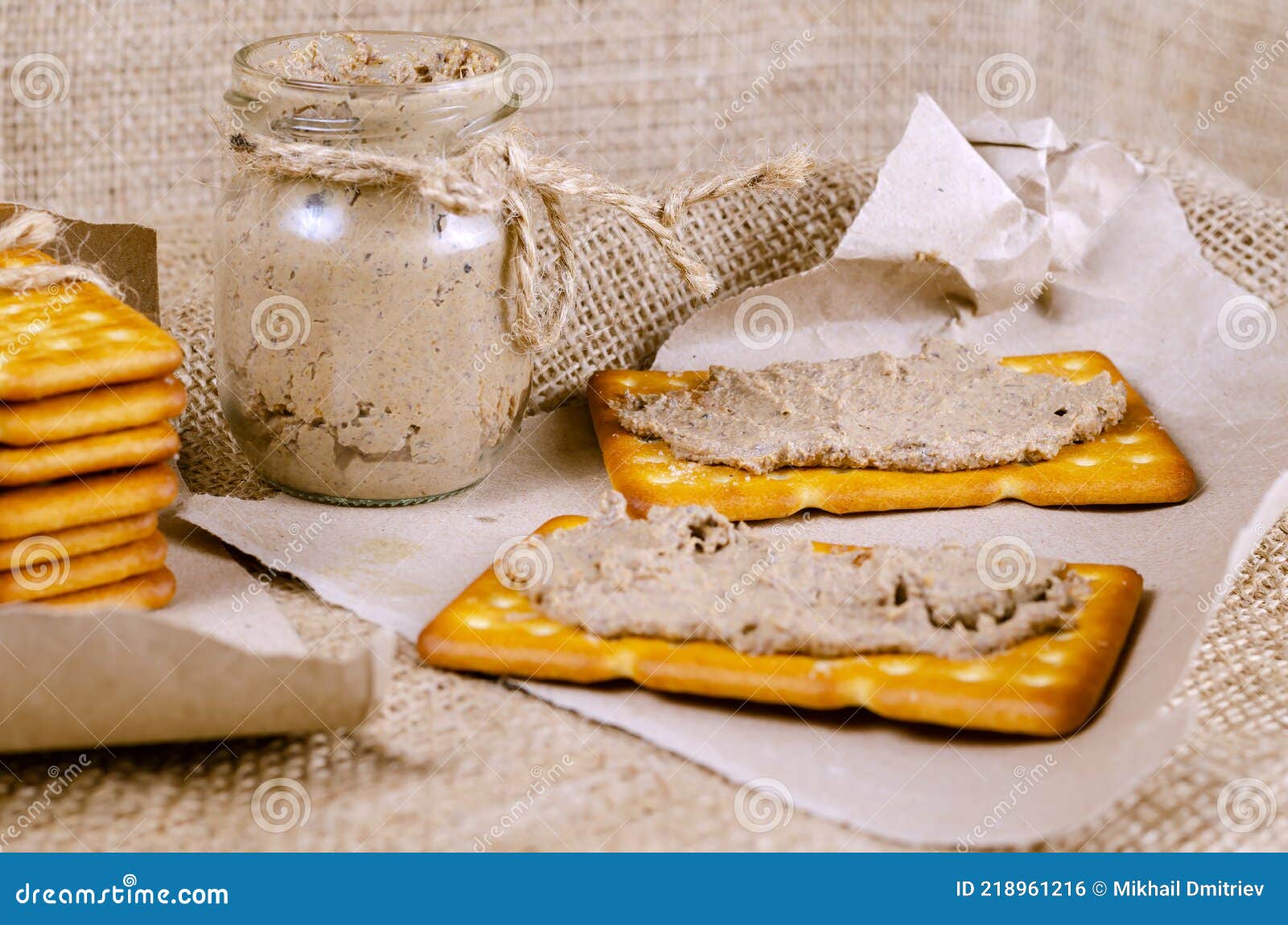 Rectangular Crackers and a Glass Jar of Liver Pate on Sackcloth. Stock Photo Image of sandwich