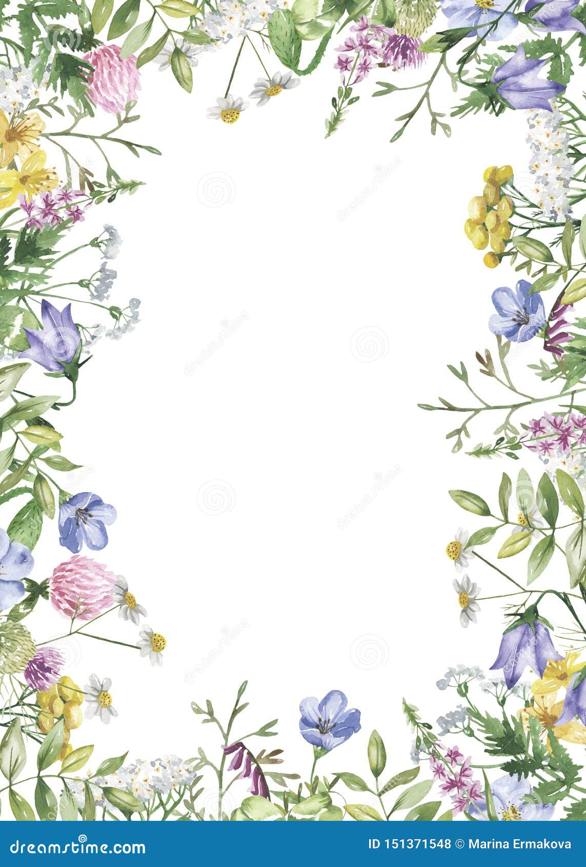 rectangular frame with watercolor wildflowers, golden splashes, watercolor stains.