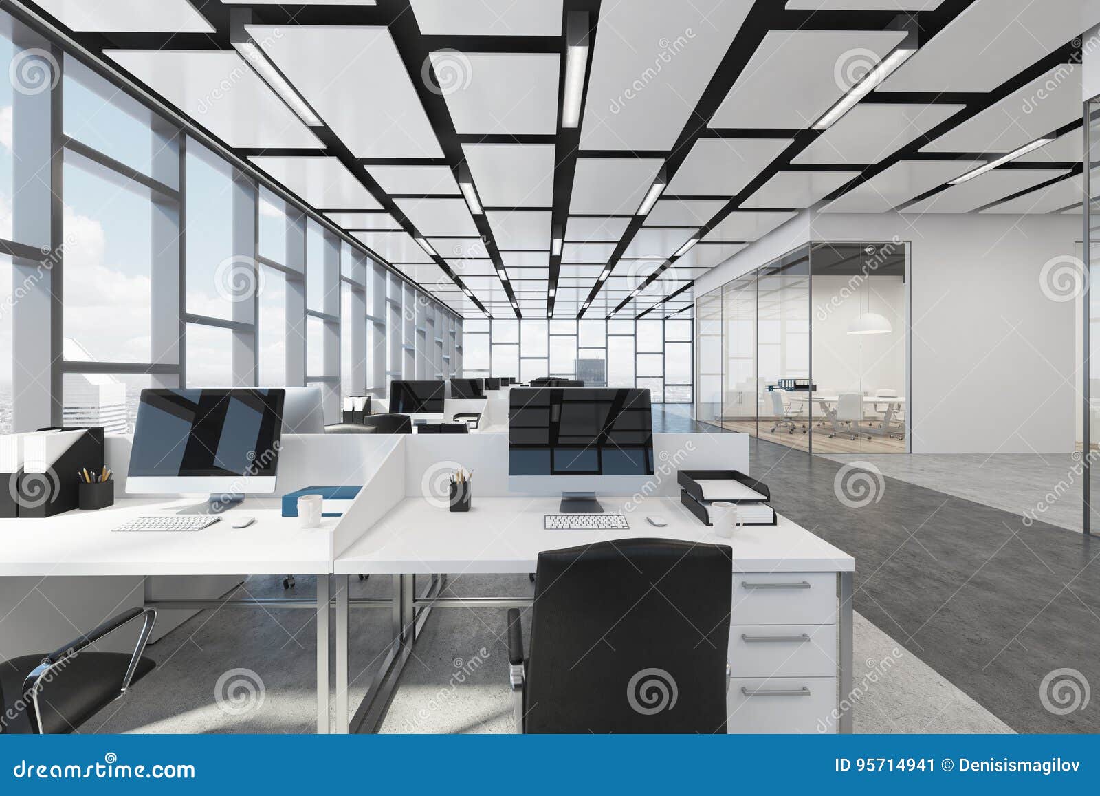 Rectangular Open Space Office Interior Stock Illustration