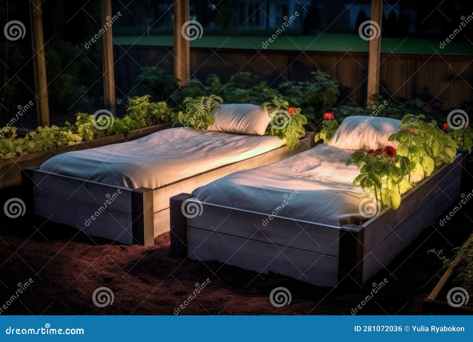 Rectangular Sleep Beds Strawberry Garden. Generate Ai Stock
