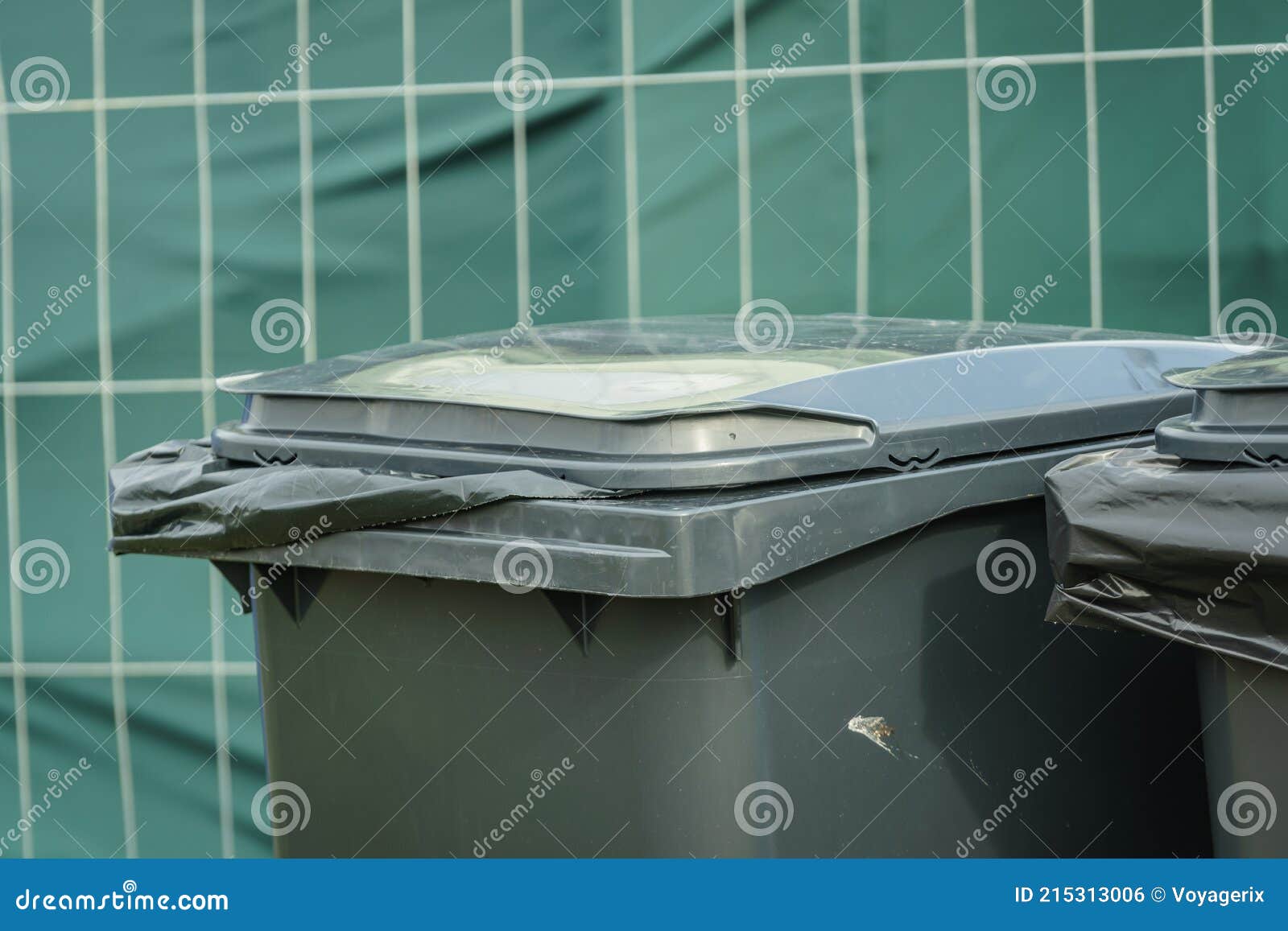 Recycle Bin with Plastic Trash Bag Outdoor Stock Photo Image of