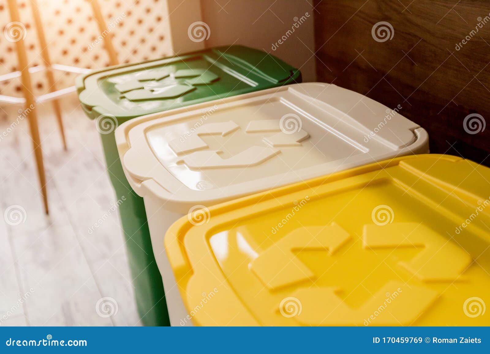 Recycle Bins in the Kitchen. Household Waste Sorting Stock Image
