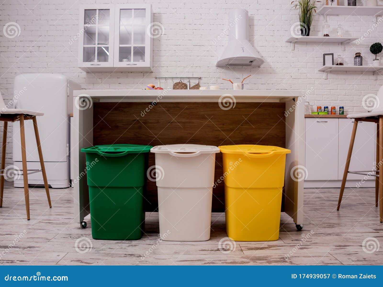 Recycle Bins in the Kitchen. Household Waste Sorting Stock Image