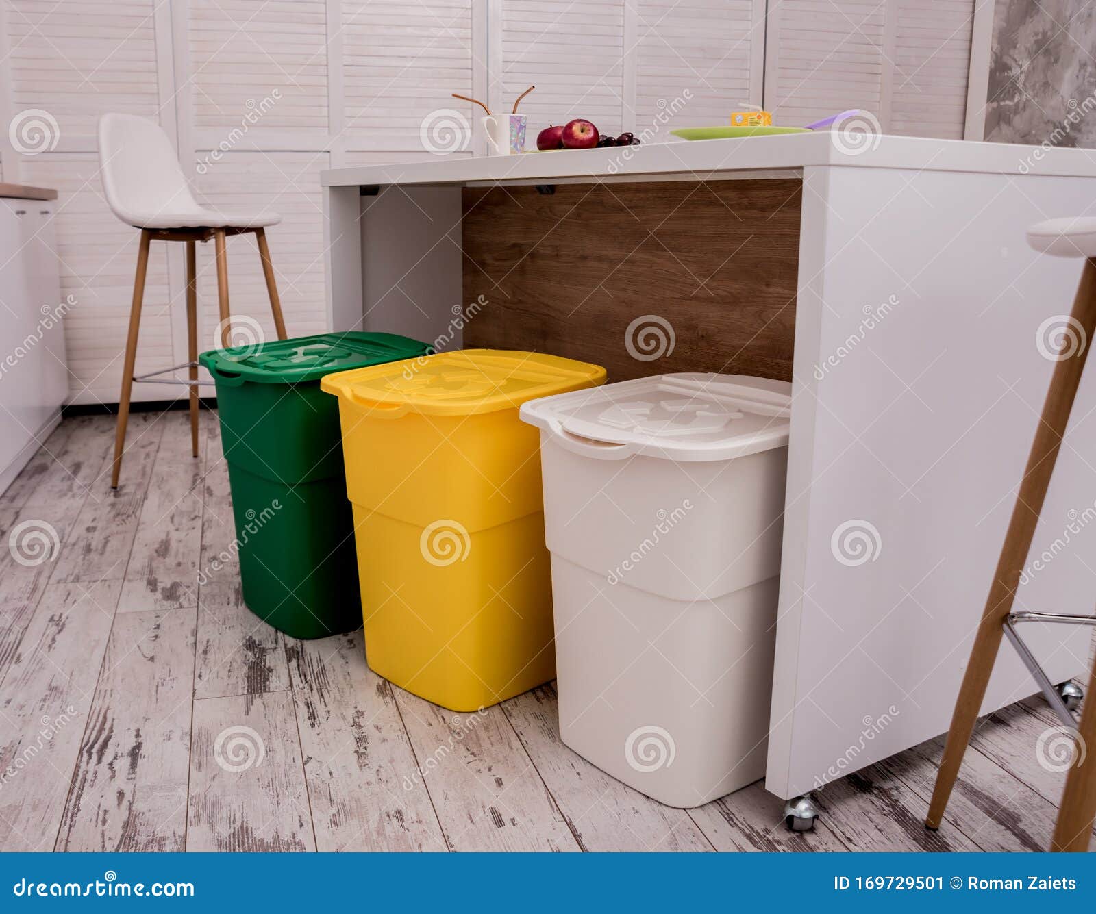 Recycle Bins in the Kitchen. Household Waste Sorting. Environmentally