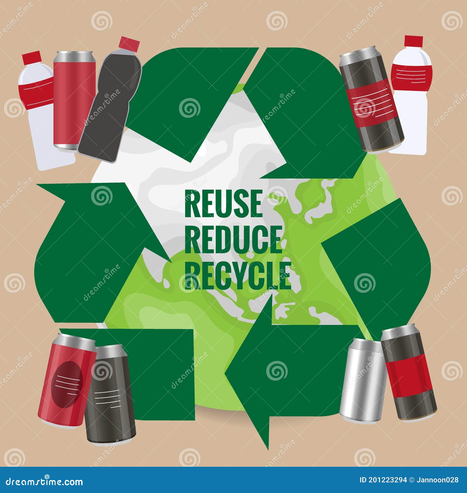 Recycle Symbol with Plastic Bottles and Cans. Vector Symbol on the