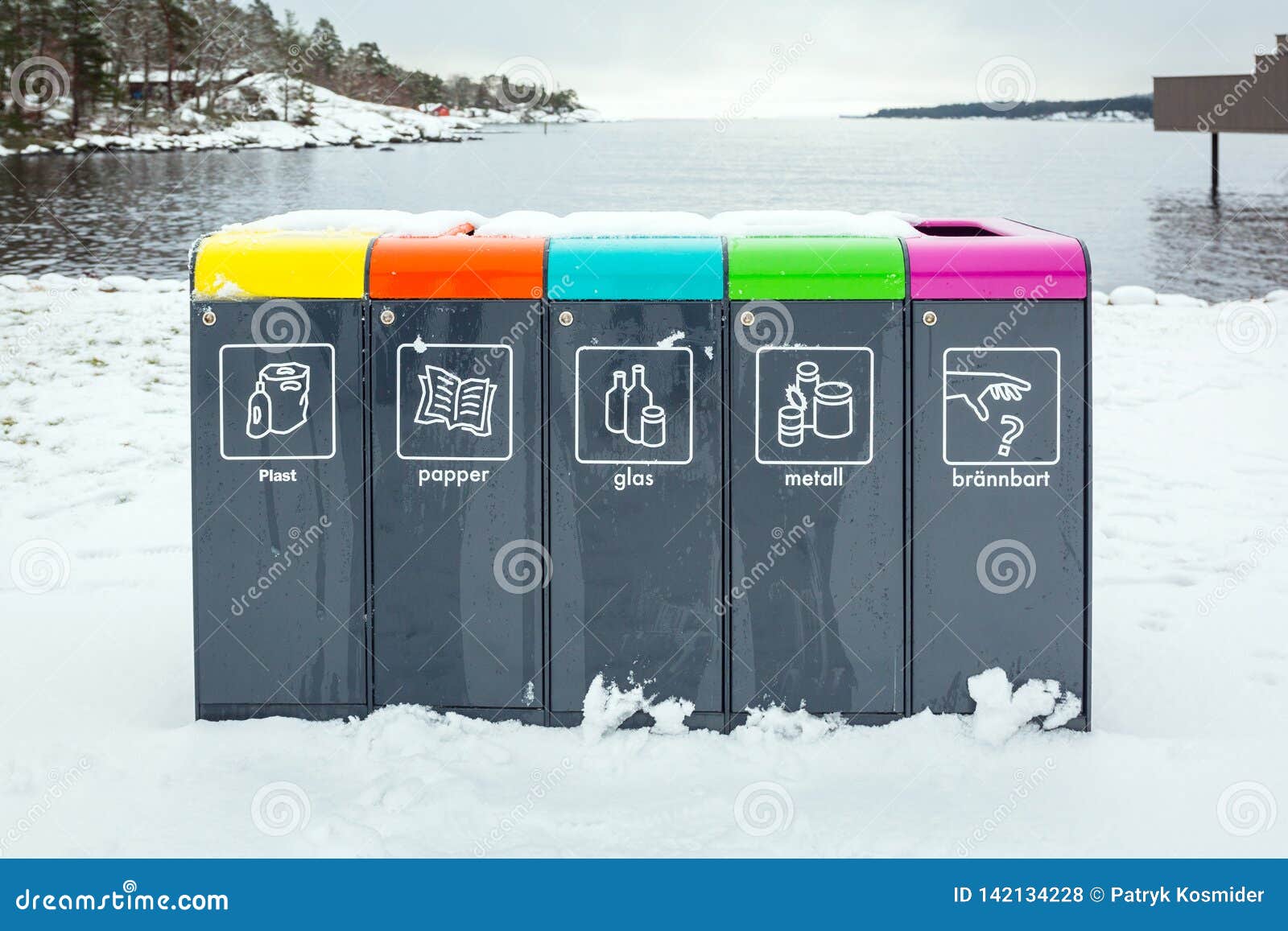 recycling bins at baltic sea of sweden for protect environment