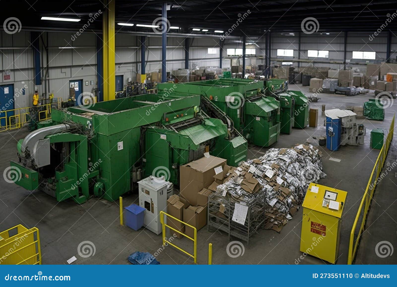 Recycling Center, with Bins and Machines Sorting and Processing