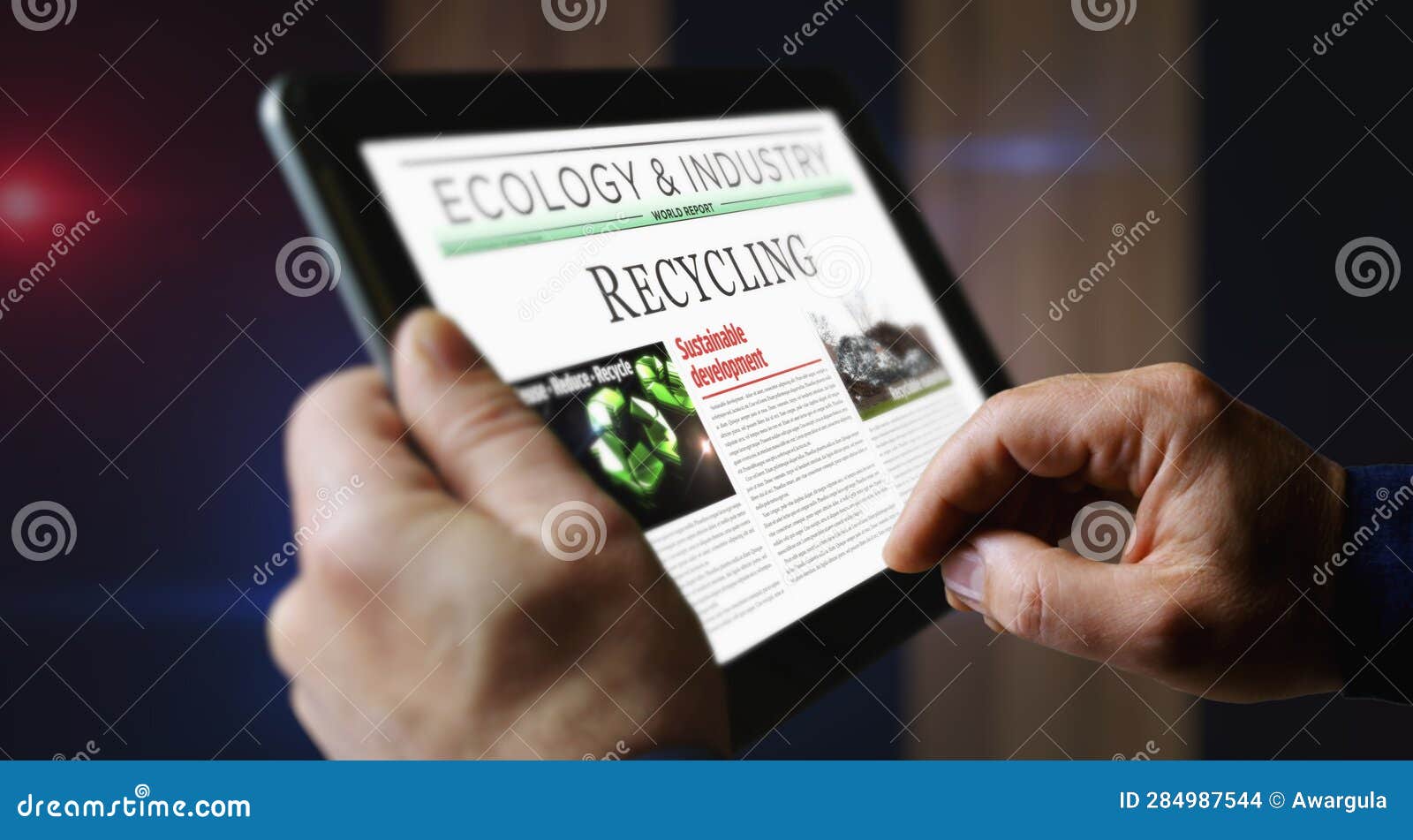 Recycling Environment and Ecology Newspaper on Mobile Tablet Screen