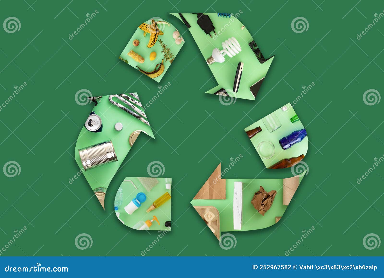 recycling icon mocked up of different types of waste materials on green background.