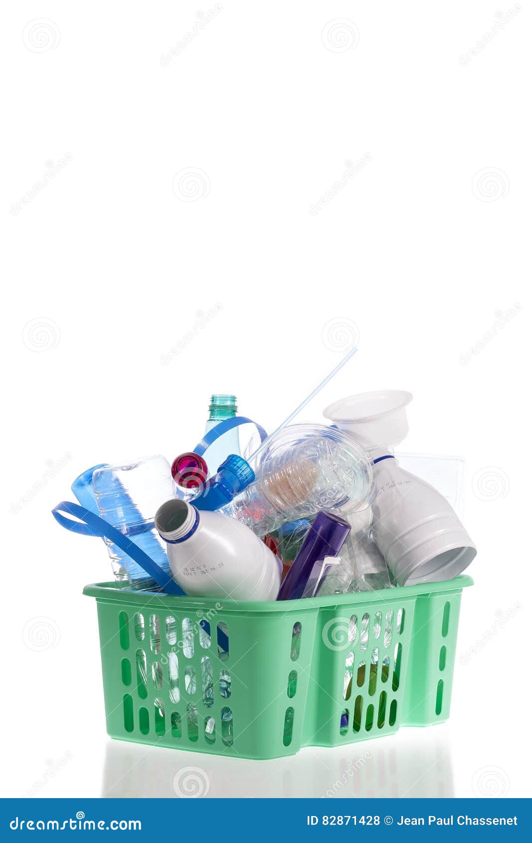 Recycling Plastic Basket Filled with Containers Isolated on White Stock