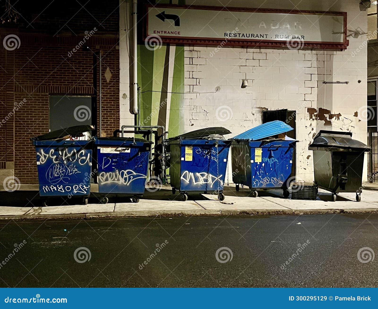 Four Blue Recycling Dumpsters and One Black Trash Dumpster with Graffitti are Shown at Night in