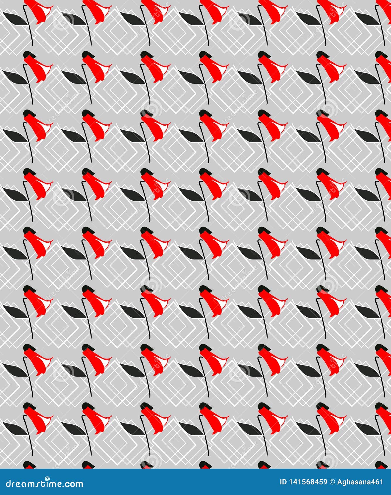 Red Abstract Flowers Seamless Pattern with Grey Background Stock Vector