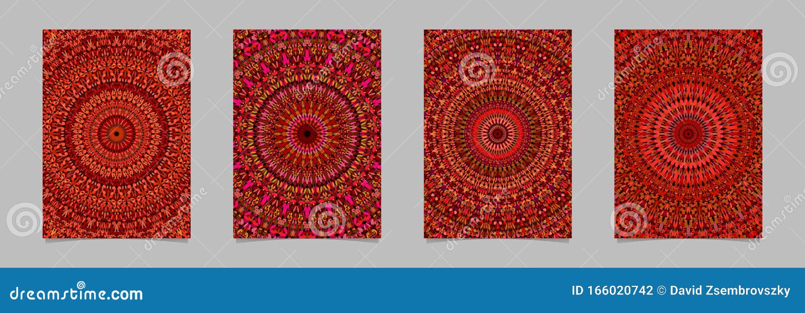Red abstract petal kaleidoscope mandala page background template set - vector stationery designs