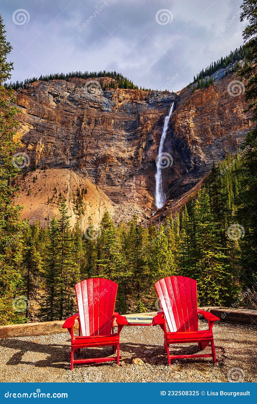red adirondack chairs by takakkaw falls