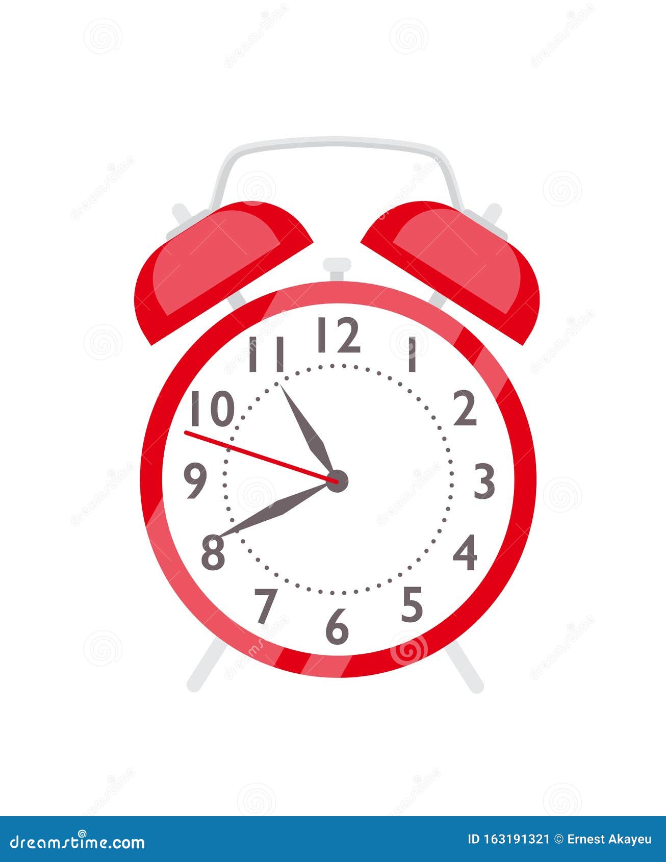 red alarm clock flat  . retro style clock for waking up. cartoon vintage timepiece with white