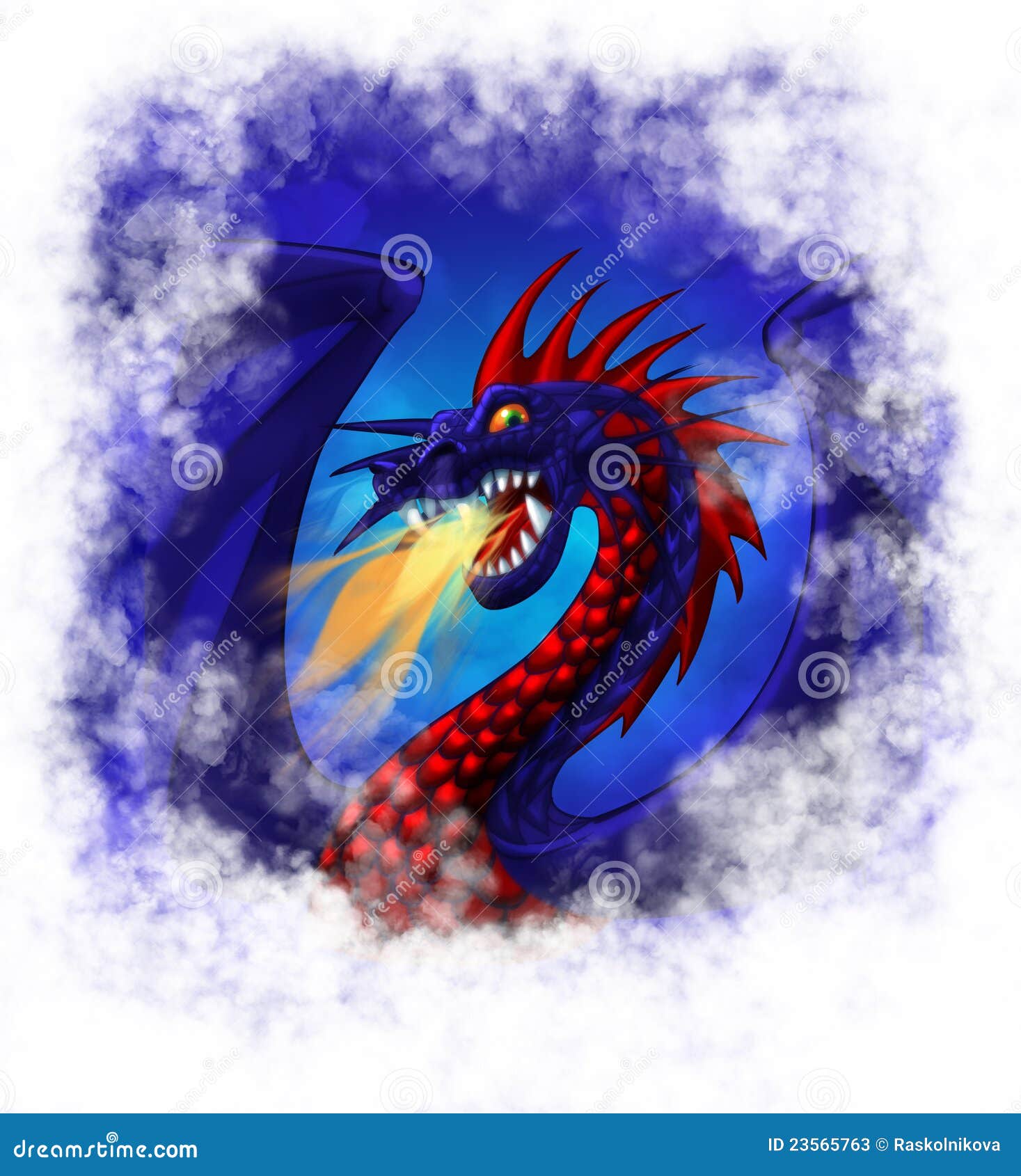 Red ang blue gragon with fire in clouds. A picture or a dragon with fire