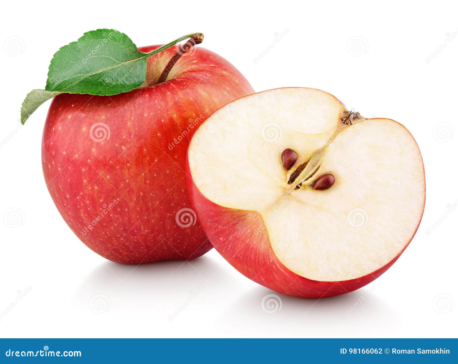 red apple fruit with half and green leaf  on white