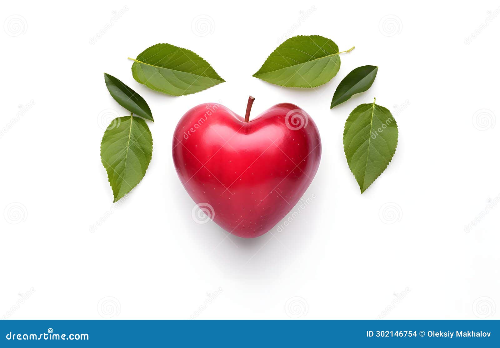Red Apple Fruit Heart Shape with Leaves Isolated on White Background Top View Stock Photo