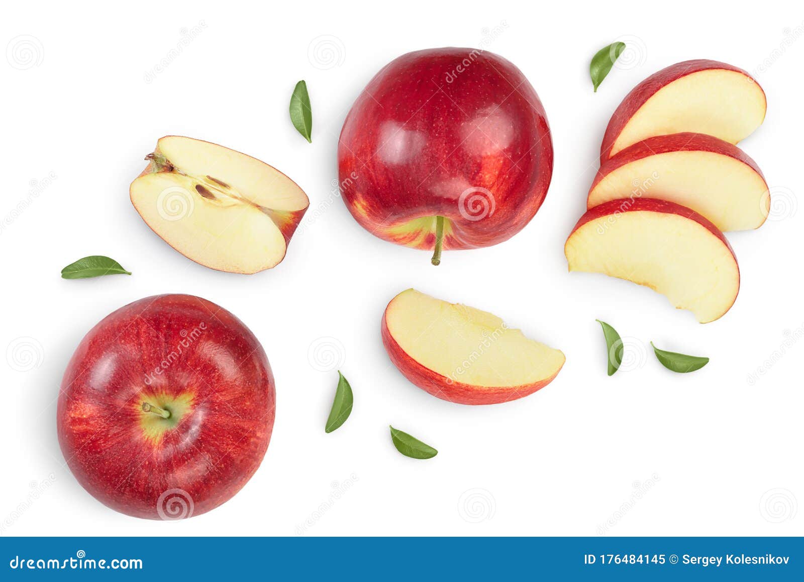 red apple with half  on white background with clipping path and full depth of field. top view. flat lay. set or