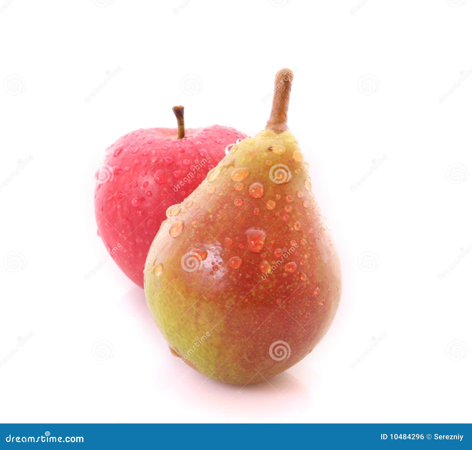 Red apple and yellow-green pear isolated on white background