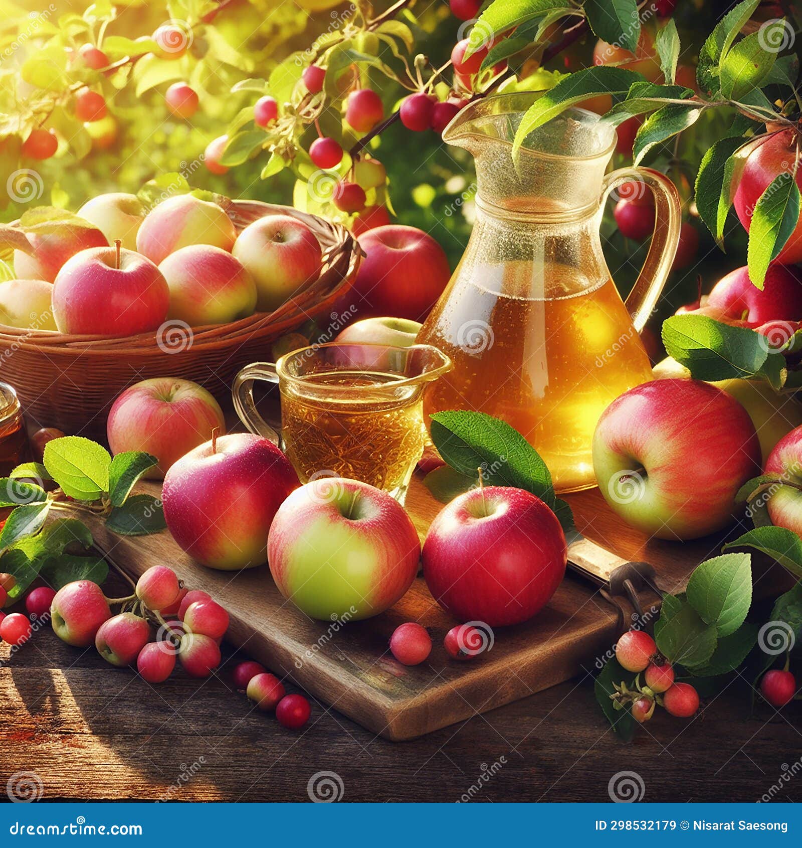 red apples were placed in a brown basket and a jar of honey was placed under the apple tree.