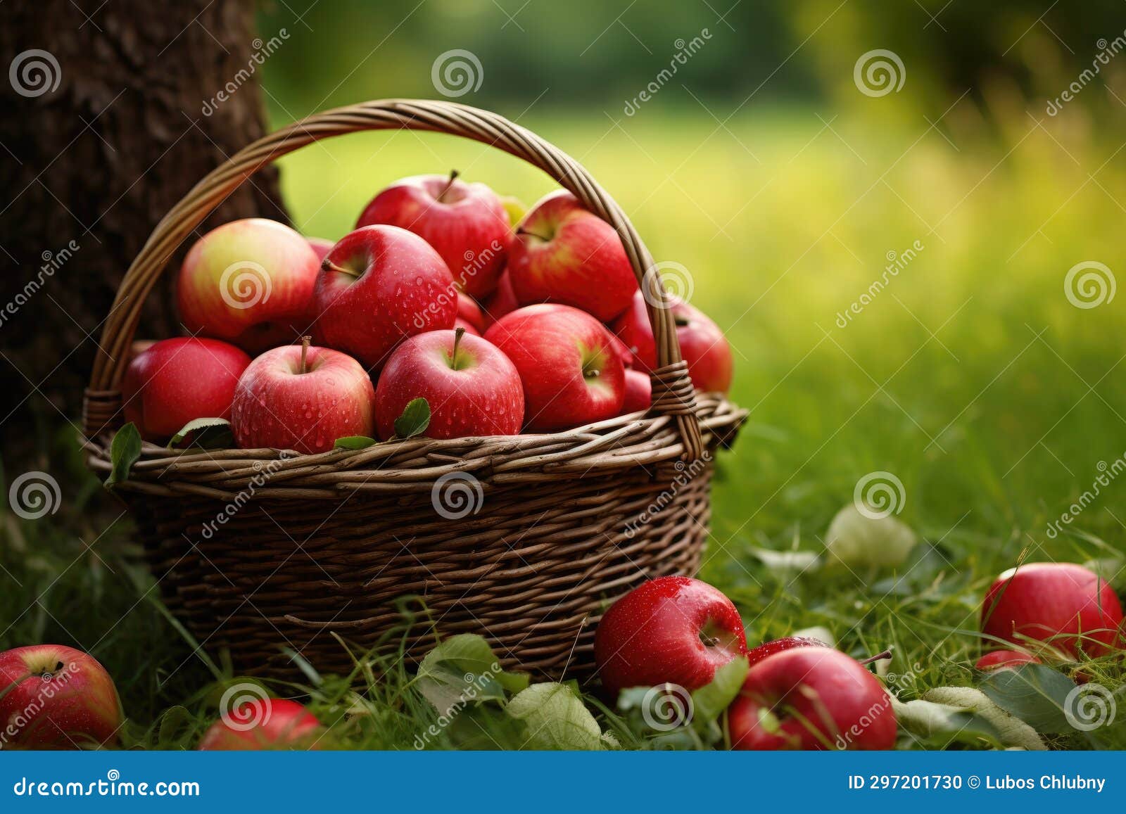 Red Apples with Wicker Basket in the Grass Stock Illustration