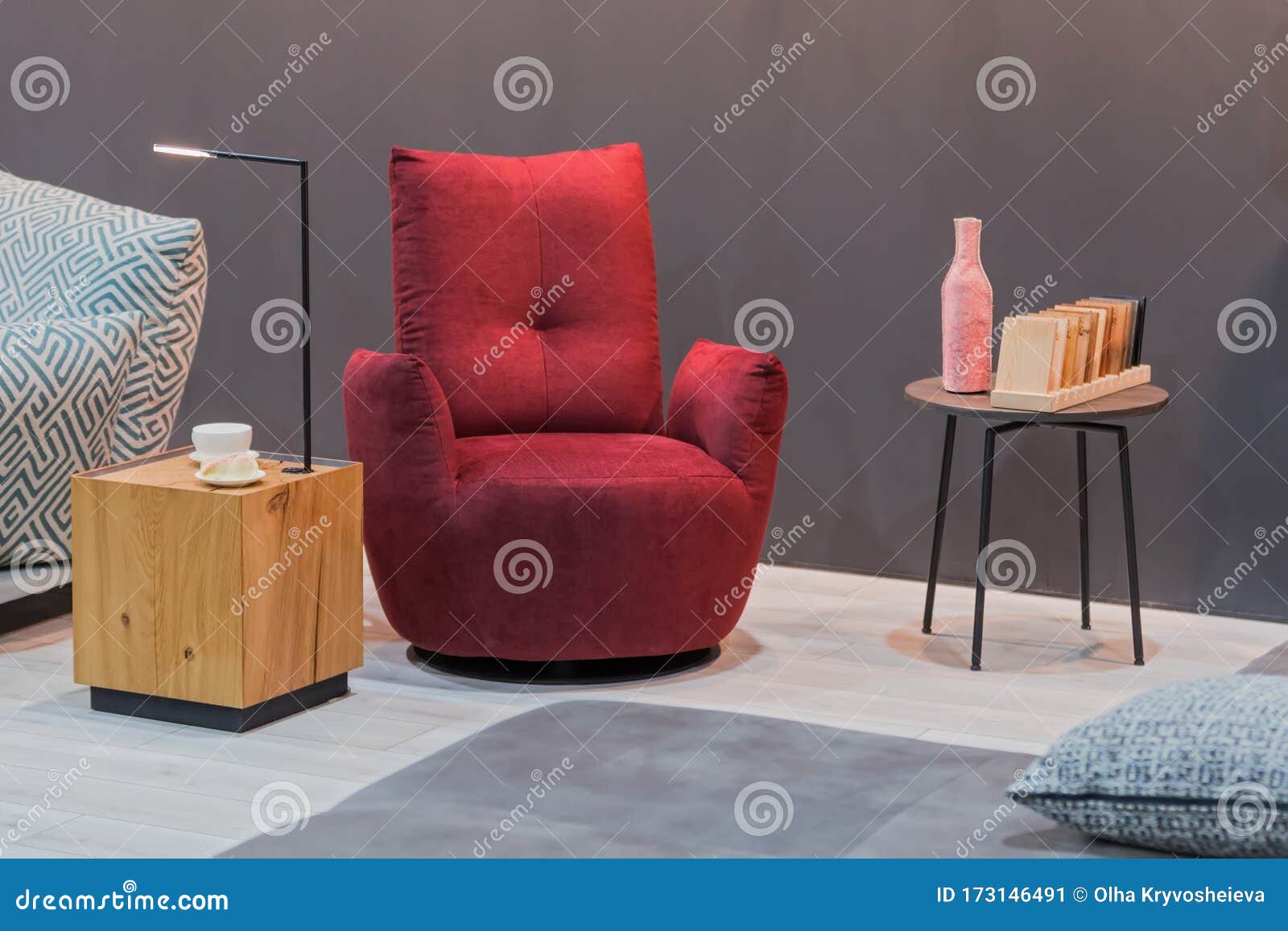 Red Armchair Wooden Table With Lamp Small Coffee Table In The Interior Stock Image Image Of Empty Interior 173146491