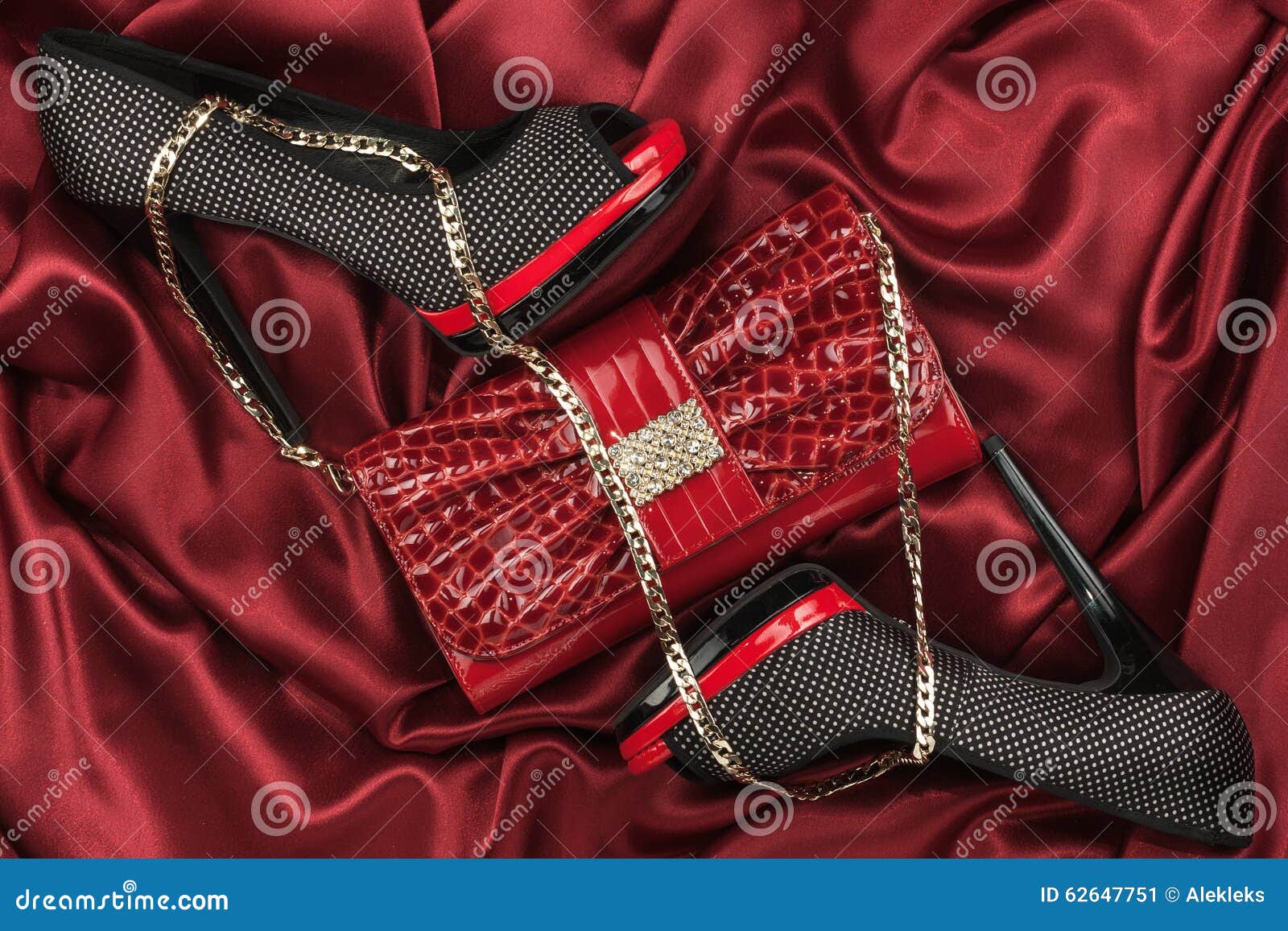 Red Bag and Shoes Lying on Red Fabric Stock Image Image of foot