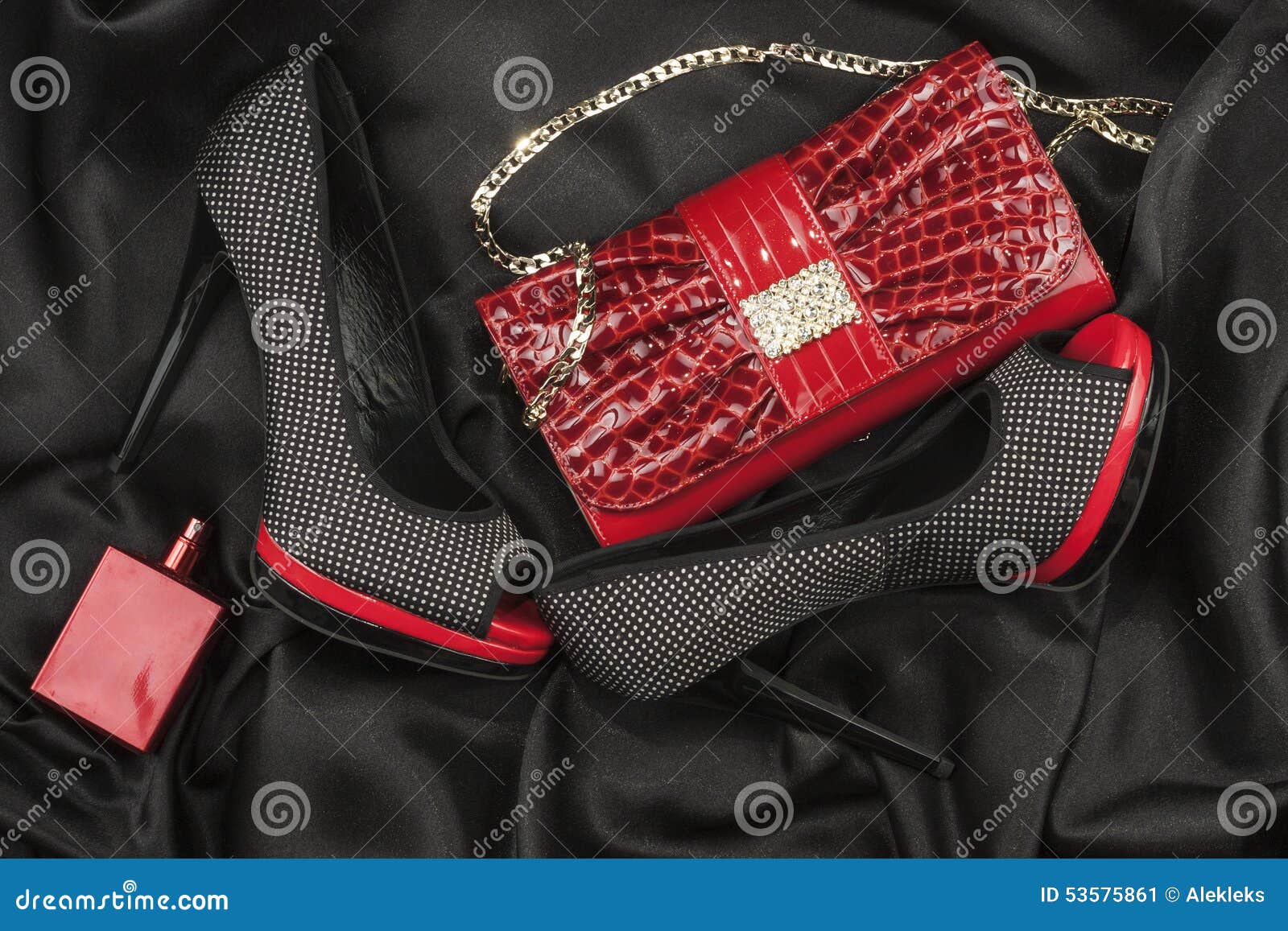 Red Bag, Shoes and Perfume Lying on Black Satin Stock Image Image of