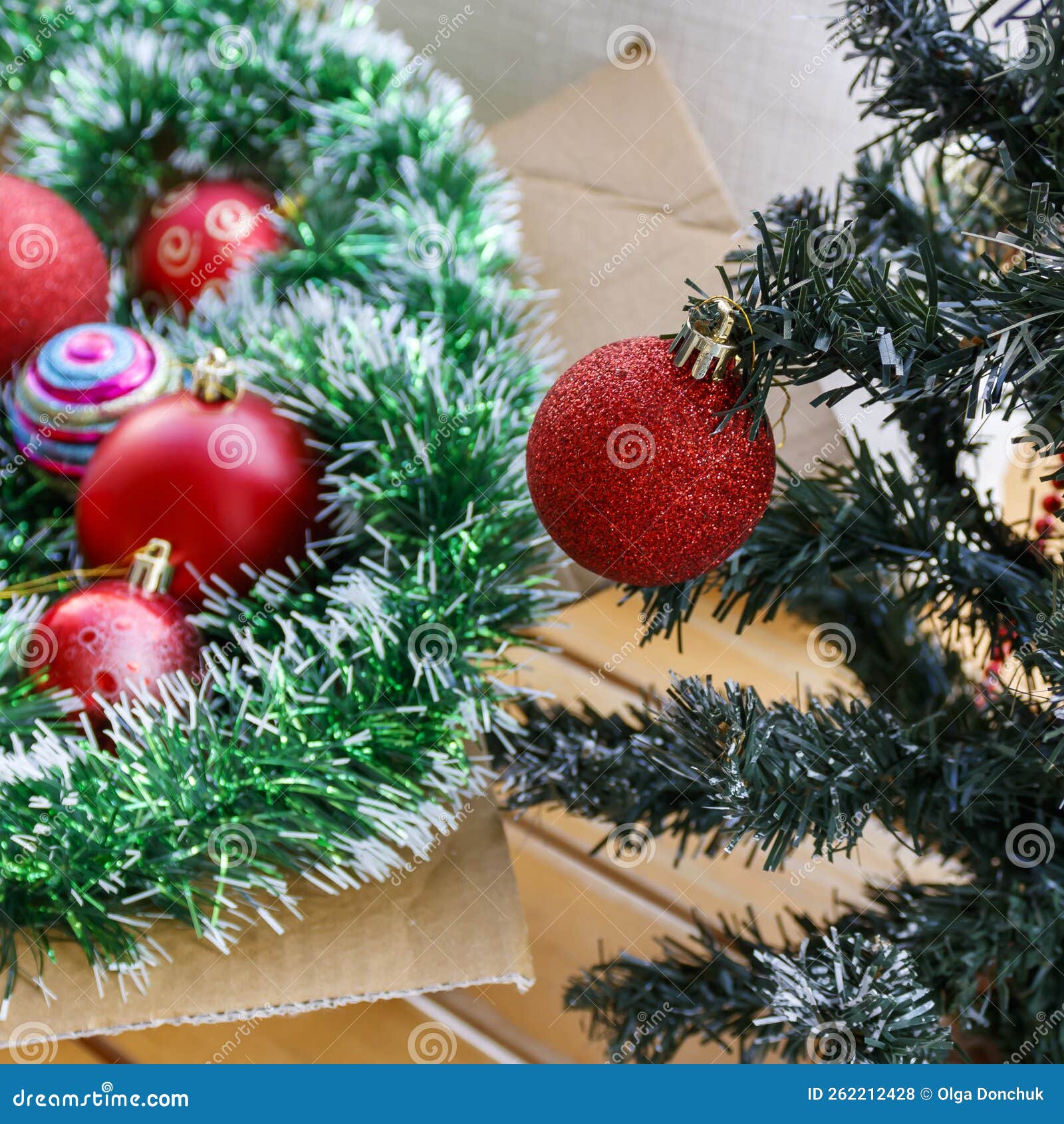Red ball on Christmas tree stock photo. Image of celebration 262212428