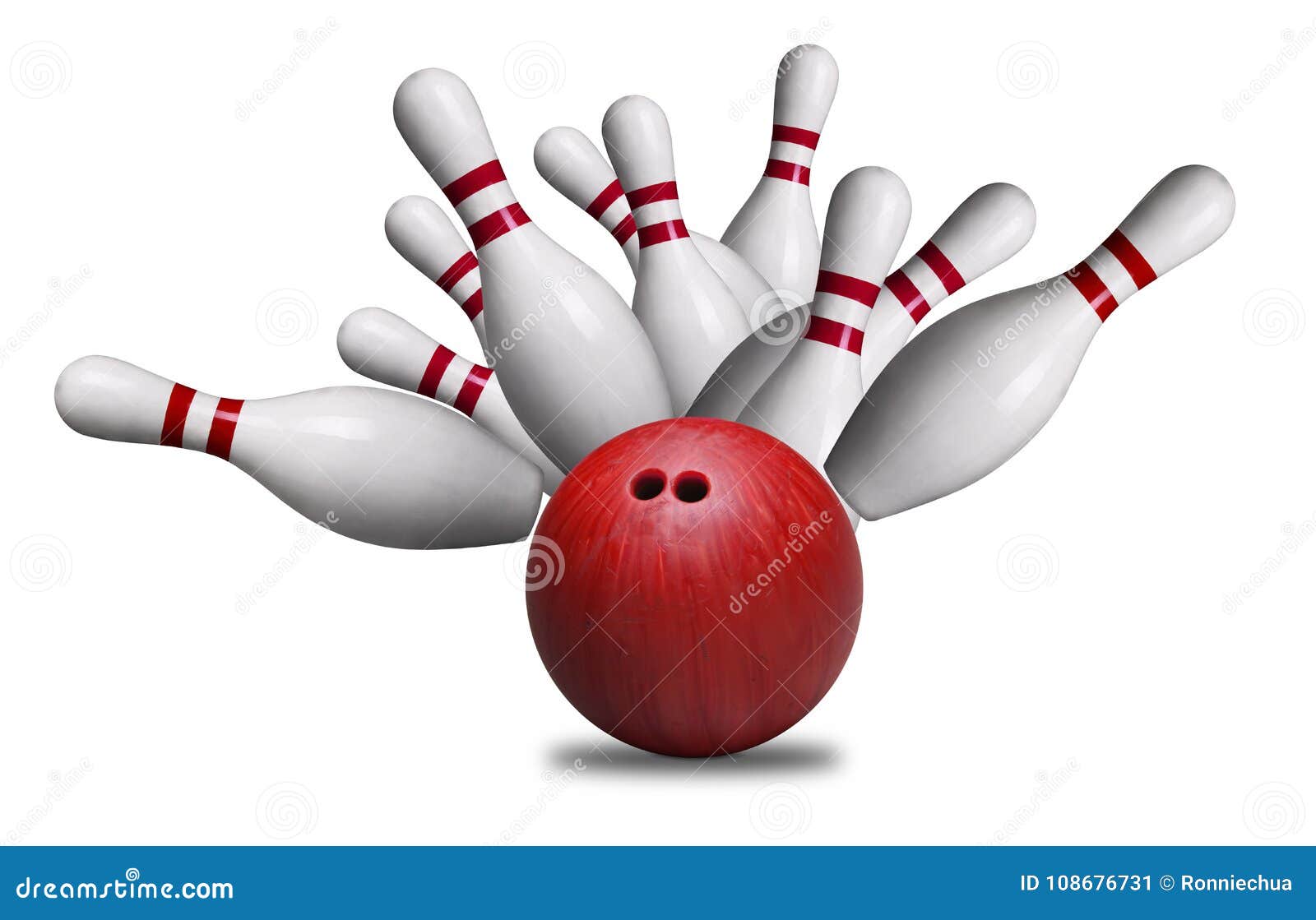 red ball hitting pins in bowling strike  on white background