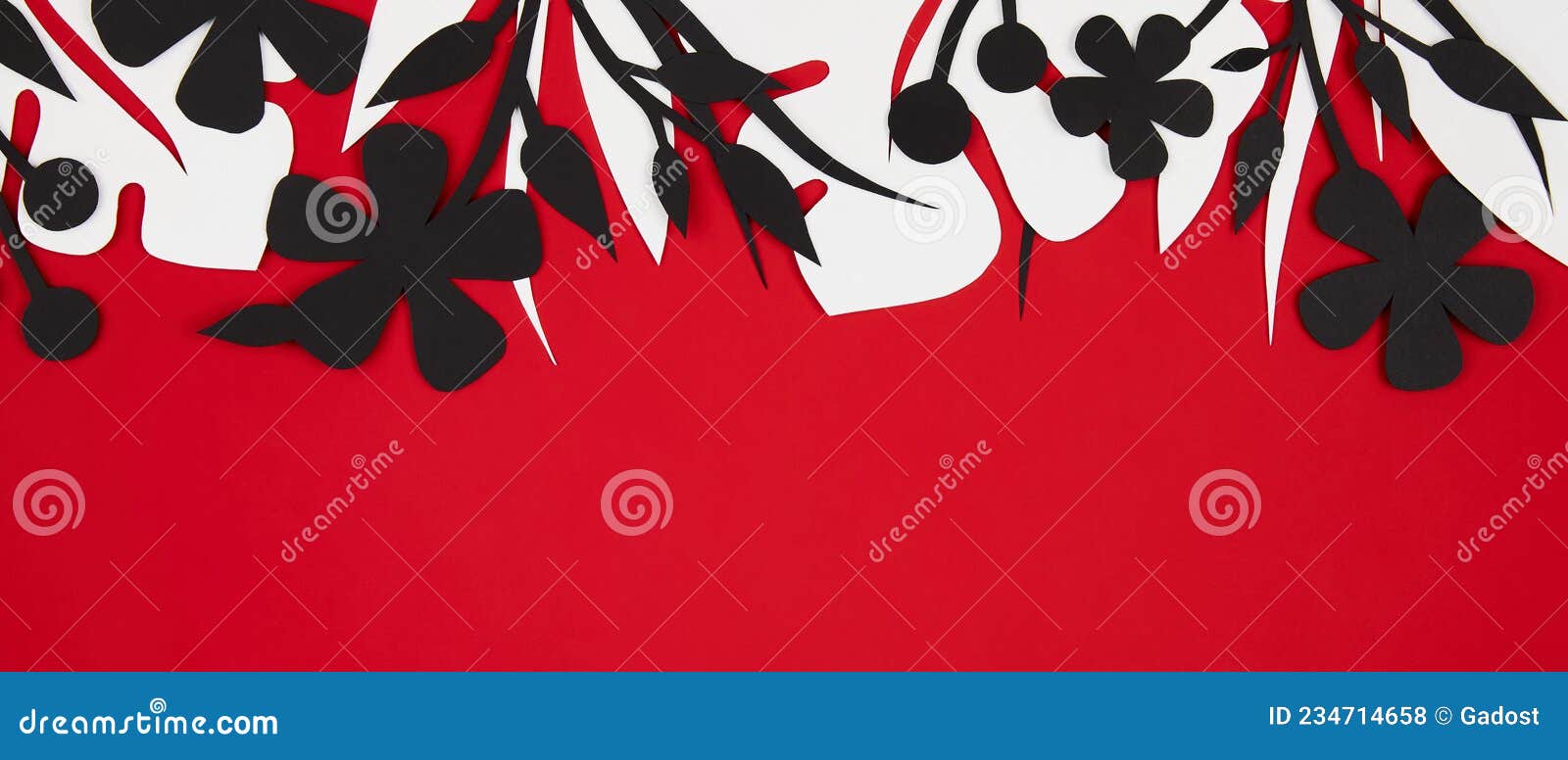 Red Banner with White and Black Floral Paper Decor Stock Photo