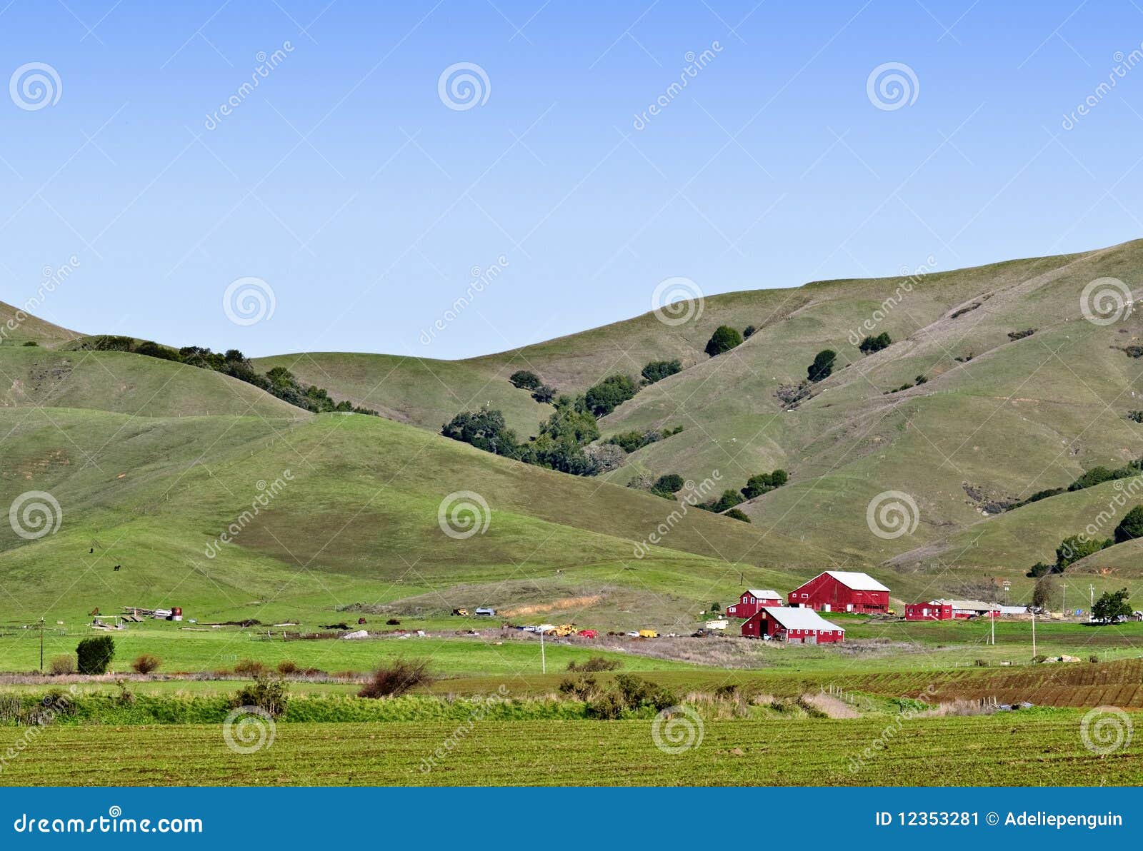 red barns, green rolling hills, california