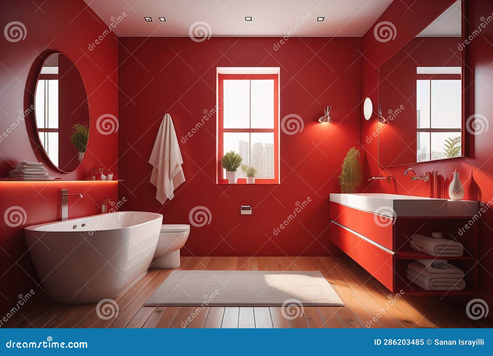 Red Bathroom Interior with a Bathtub and a Mirror. Generative Ai Stock Illustration