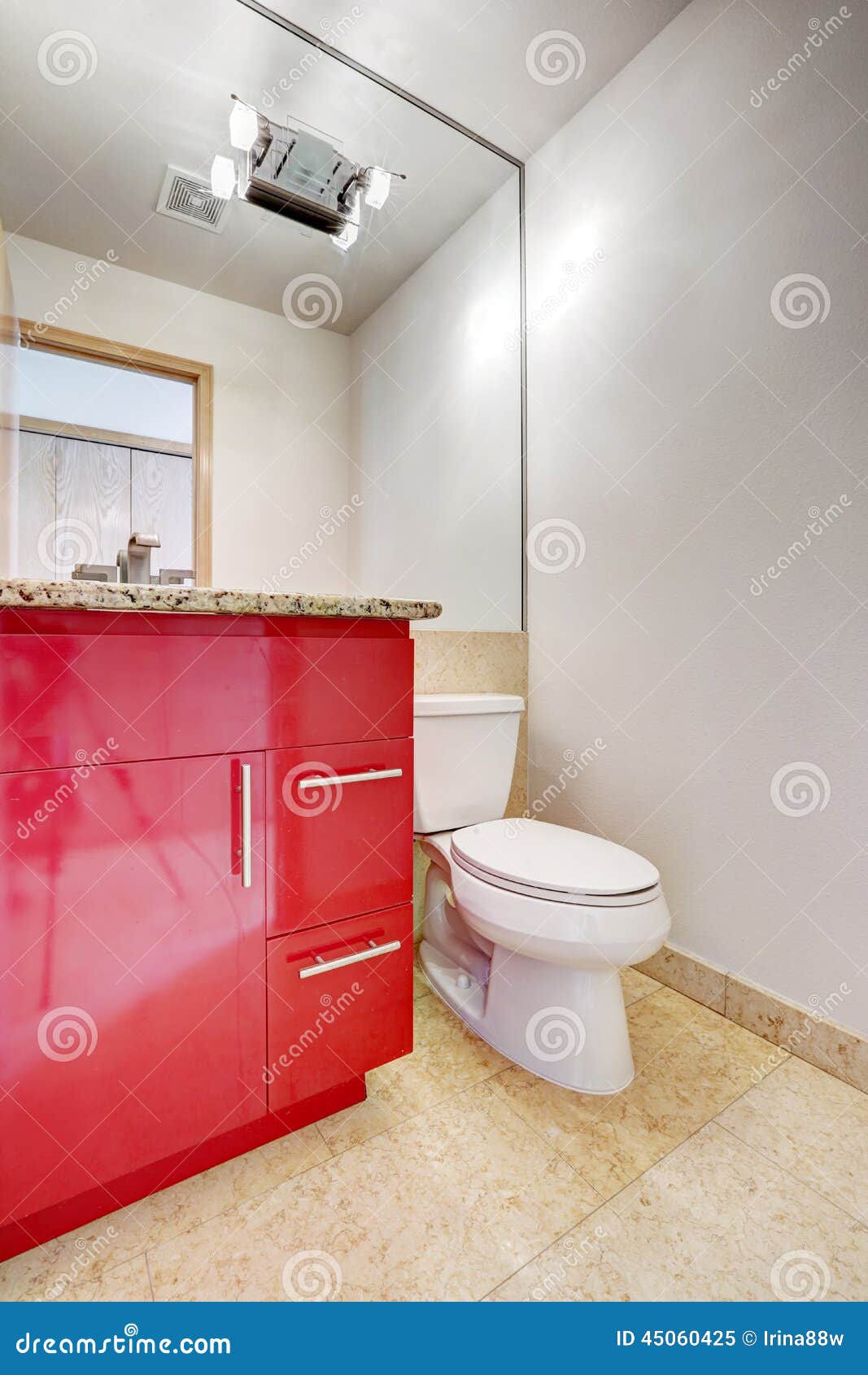 Red Bathroom Vanity Cabinet With Granite Top And Large Mirror Stock Image Image Of Room Floor 45060425