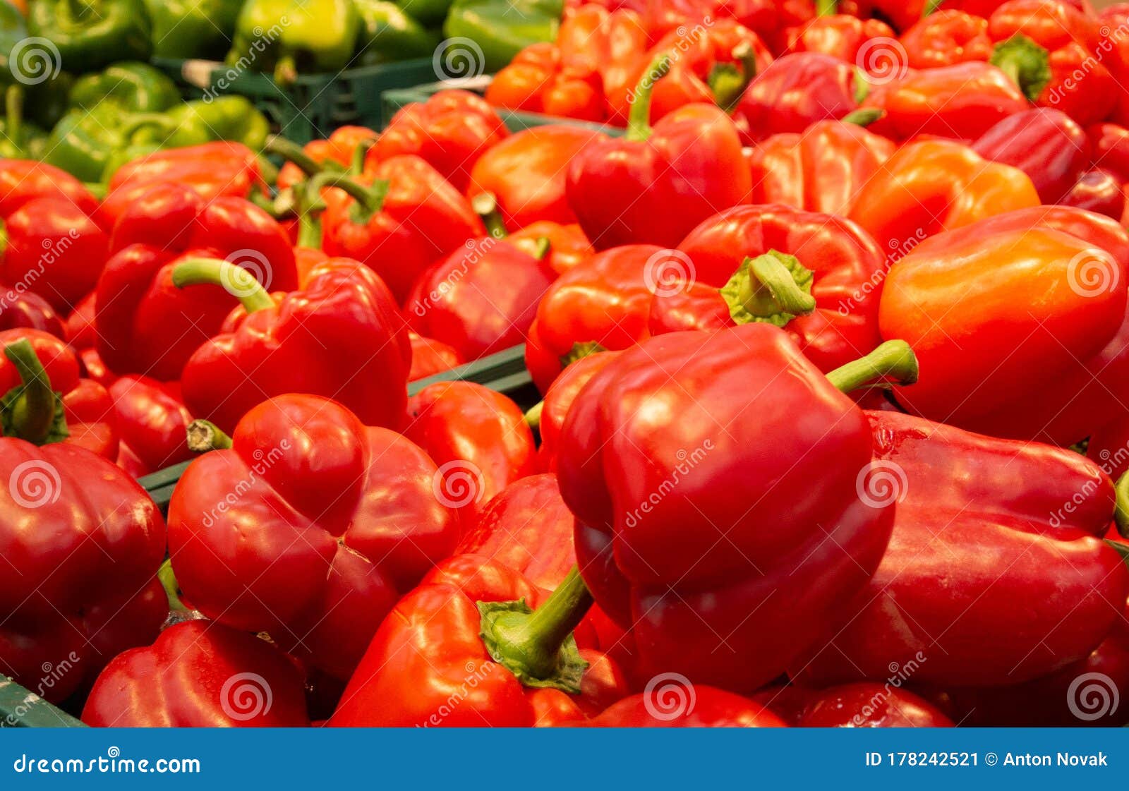Red Bell Peppers in the Grocery Store. Ecological Shopping Concept