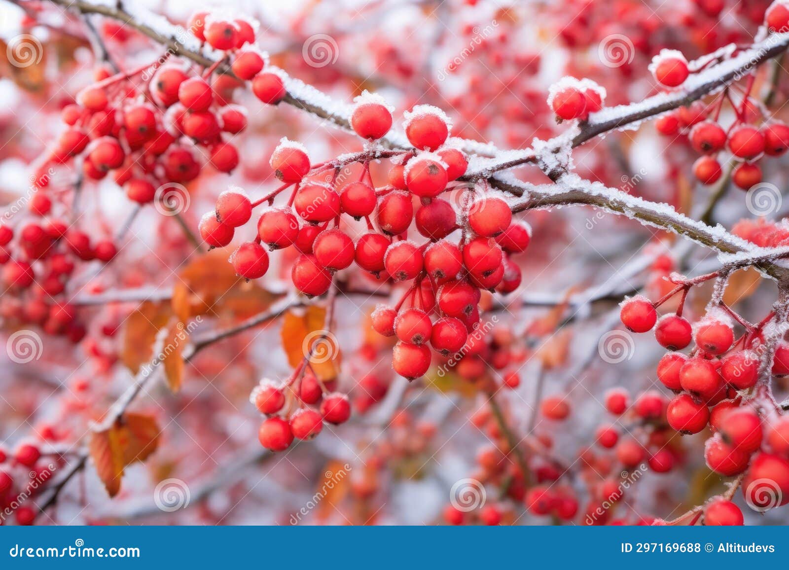 Red Berries on a Bush Dusted with Morning Frost Stock Photo Image of
