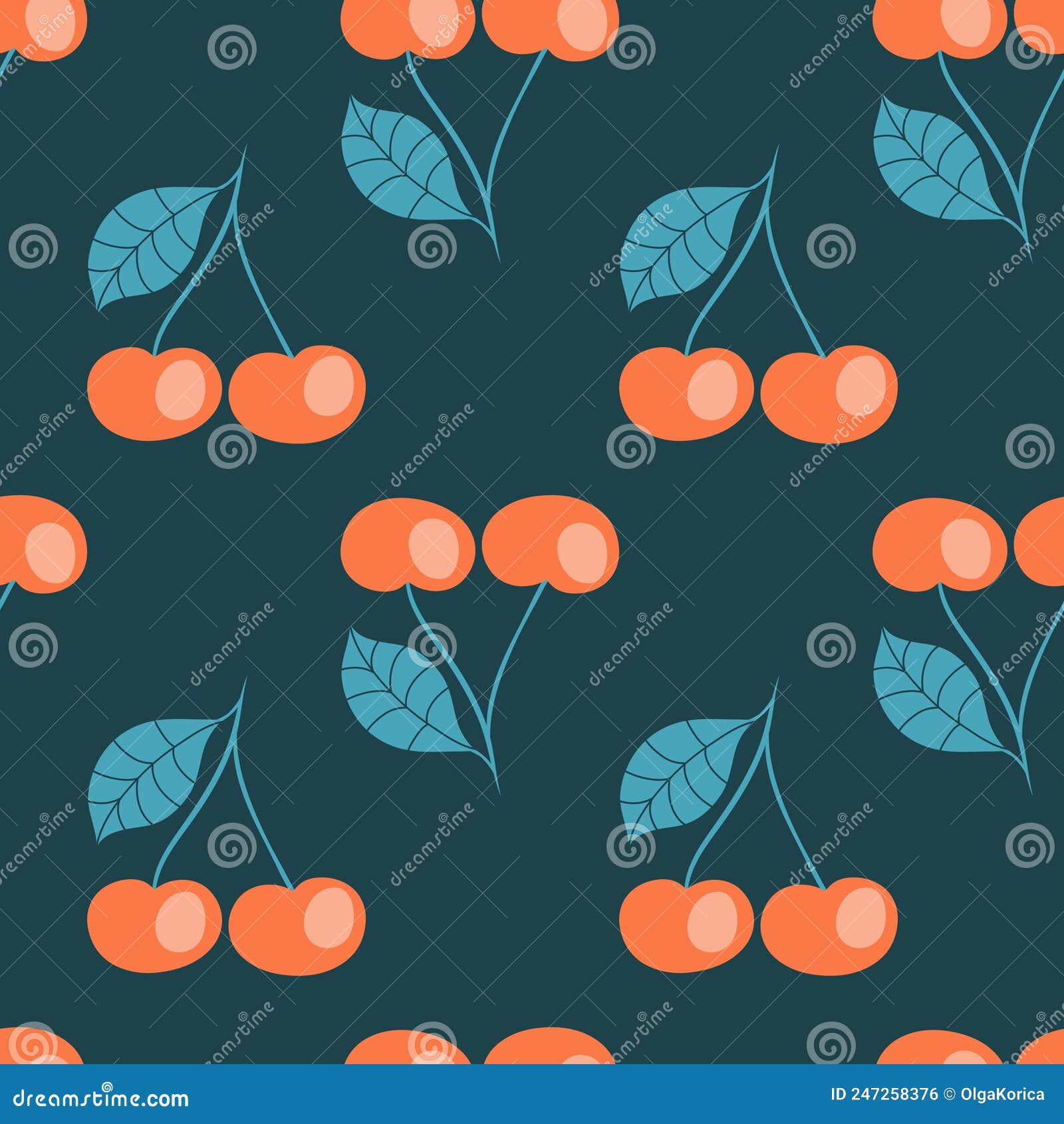 red berry cherry on dark background, seamless pattern for textile . simple   with cherry, eps10 easy to