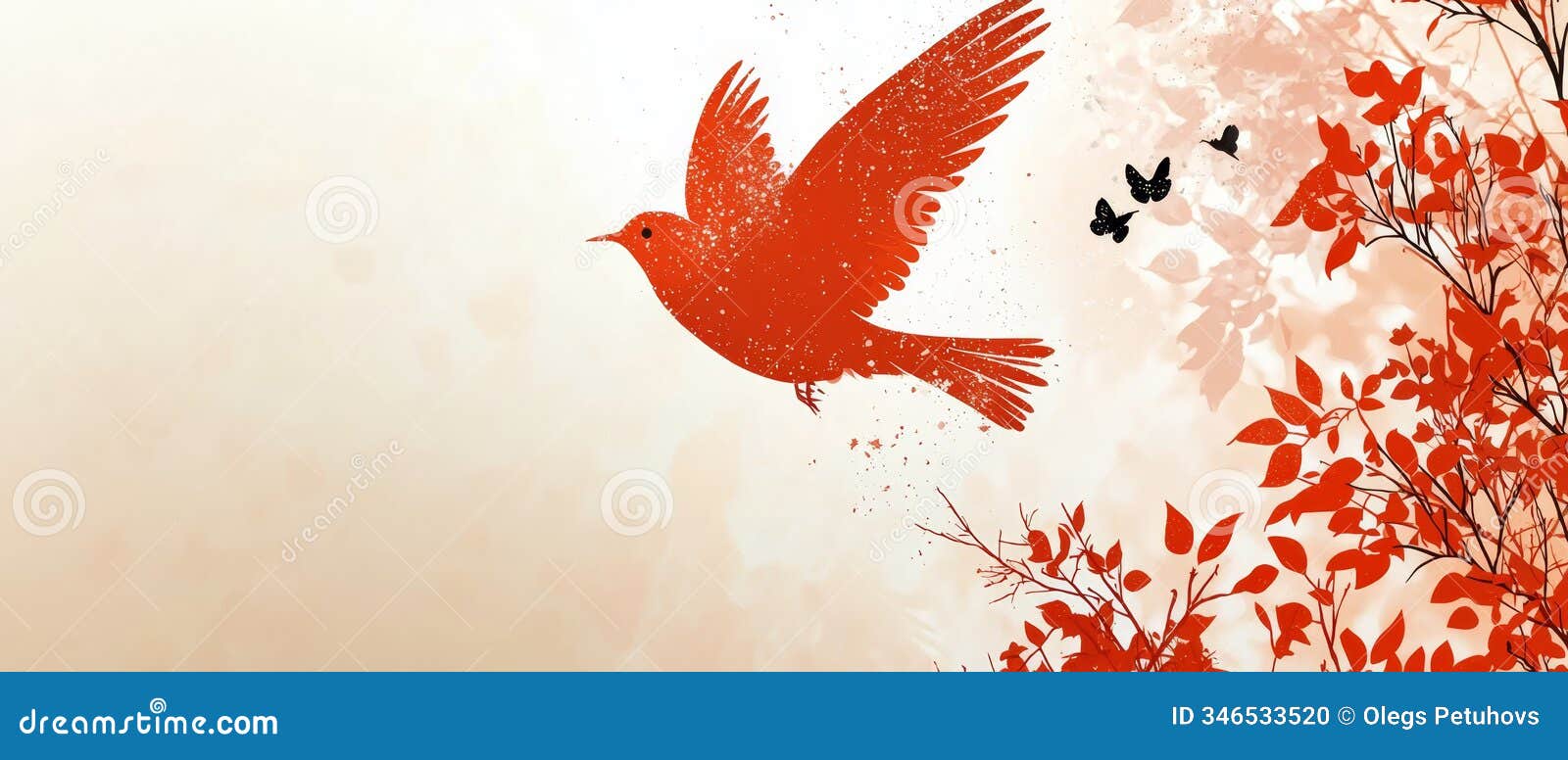 a red bird flies overhead, above a tree teeming with leafy branches simultaneously, a flock of birds ascends from the treetop