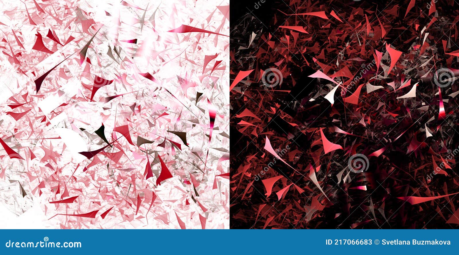 red, black, white geometric fragments are randomly scattered on white and black backgrounds. two backgrounds in one.