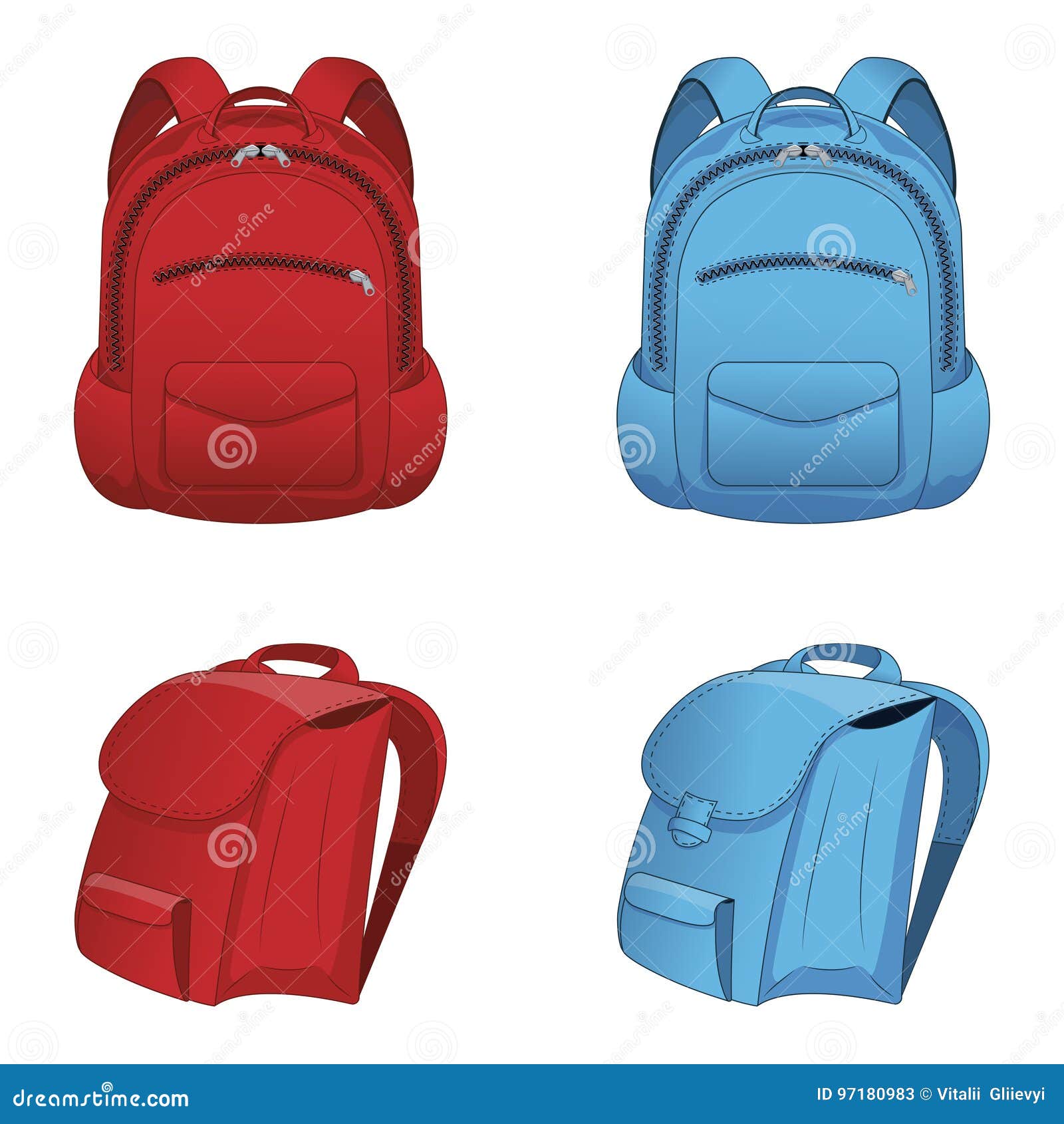 Red and Blue Backpack Isolated on White Background. Stock Vector
