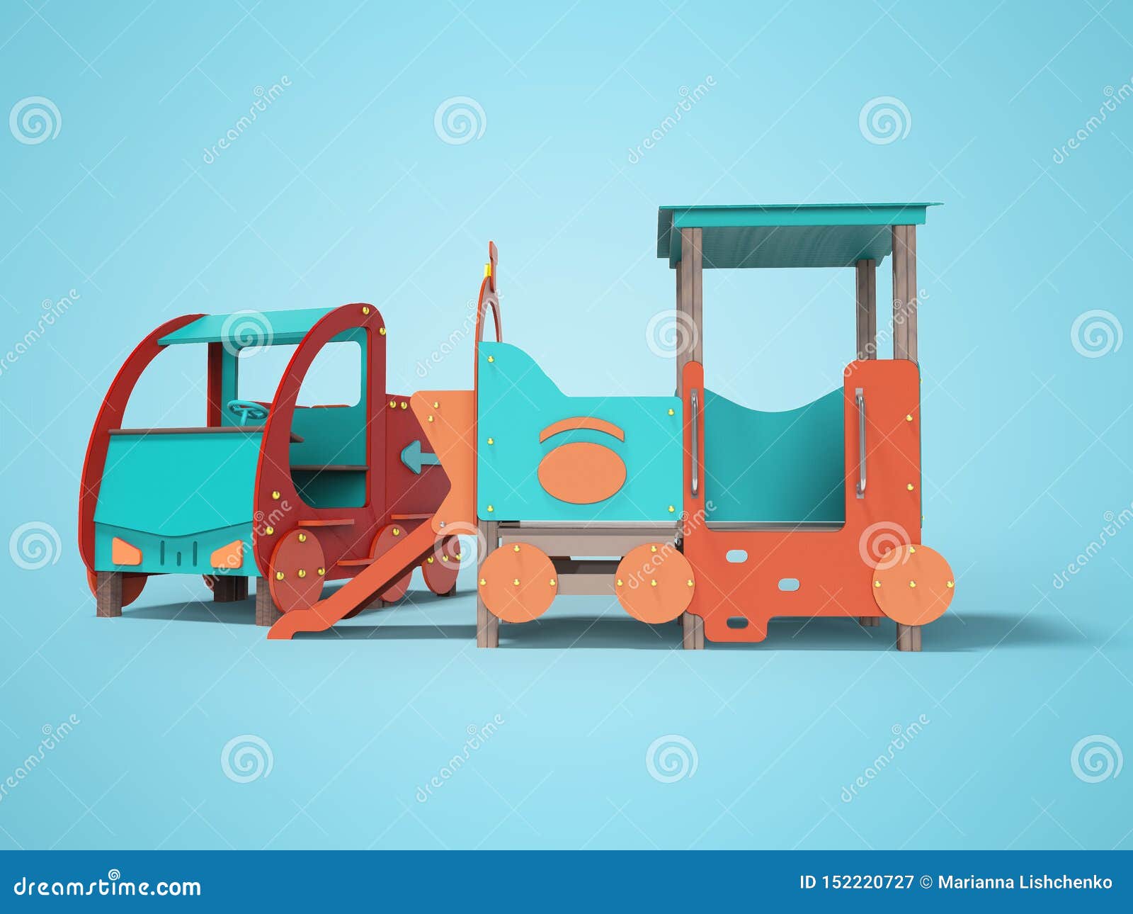 Red Blue Car and Train Playground for Children with Slide 3D Render on